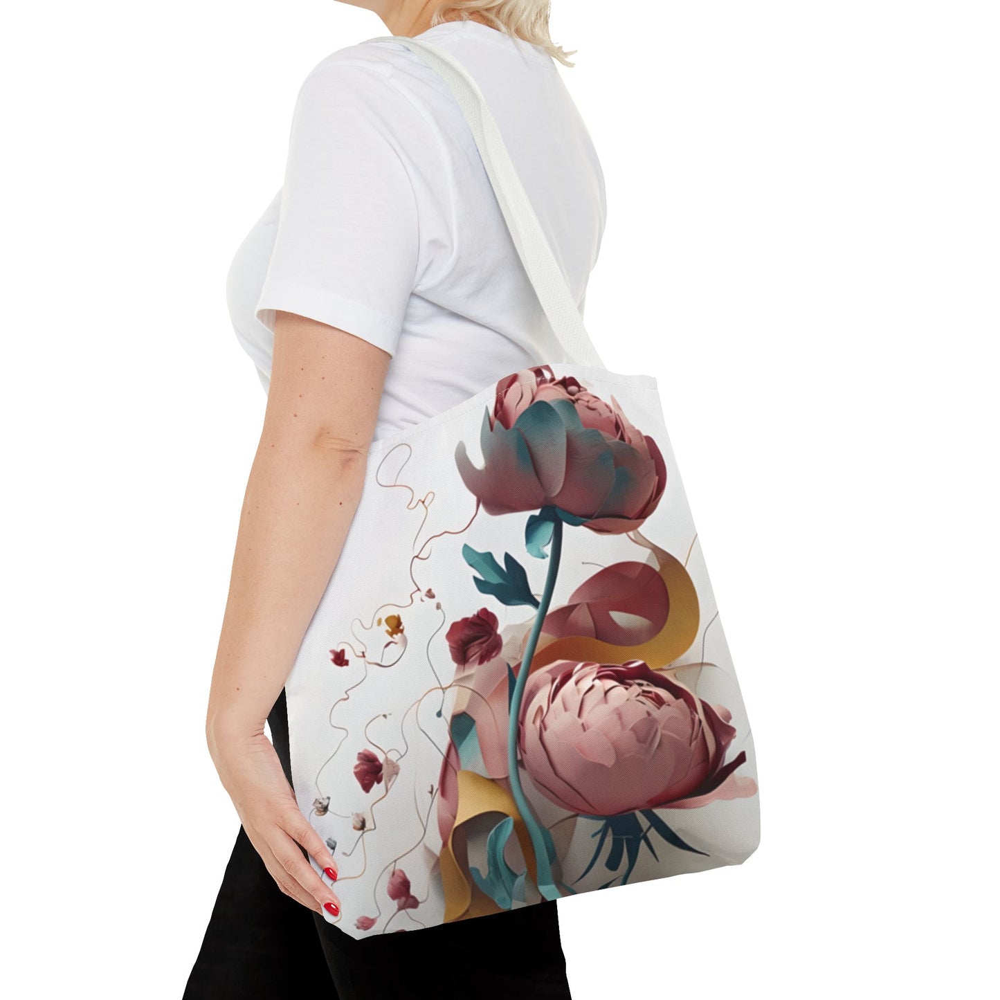 Blushing Peony Veil canvas tote bag worn over shoulder showing delicate peony blossom illustration