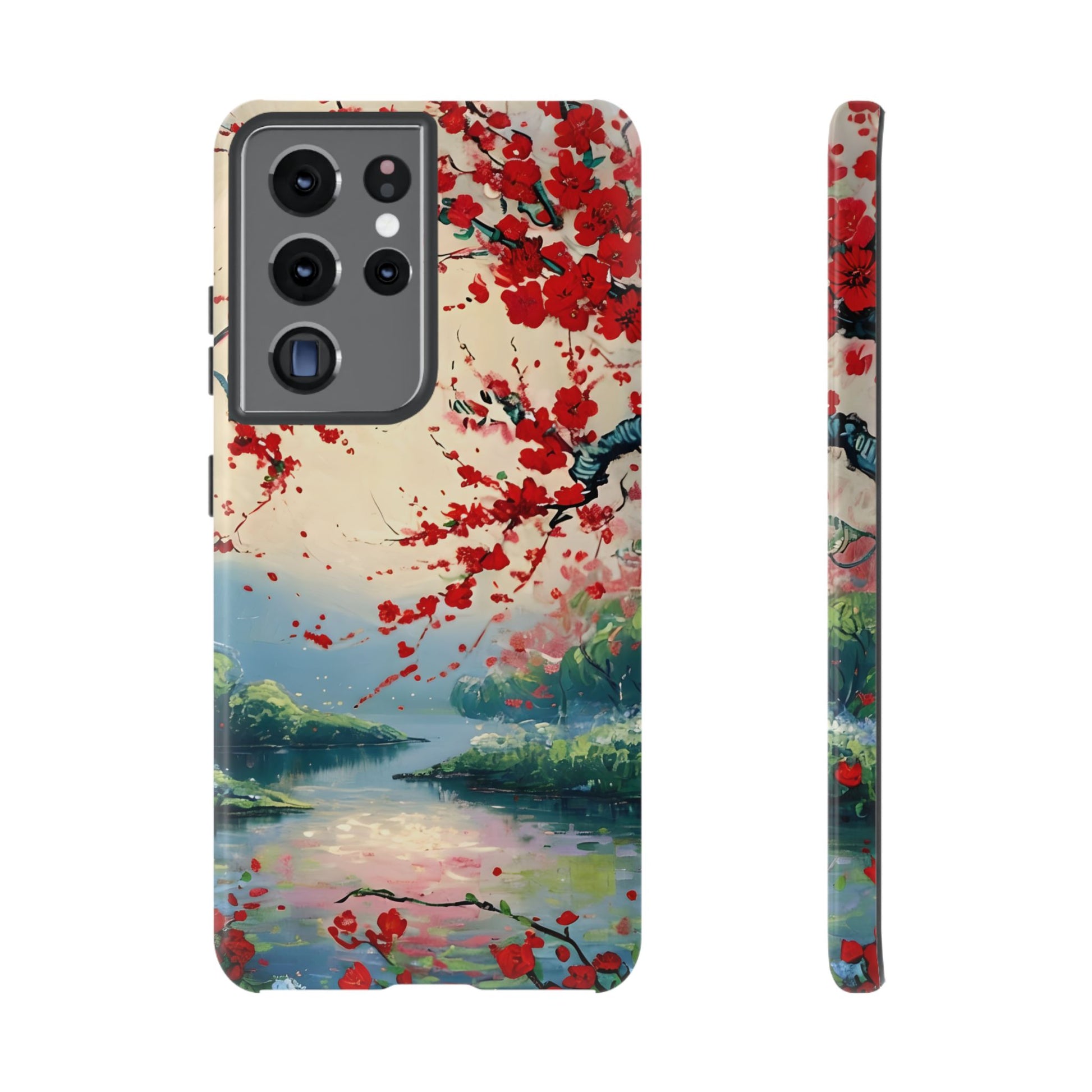 Crimson Blossom Lake - Artistic Floral Landscape Samsung Galaxy S21 Ultra Tough Phone Case - Red Cherry Blossoms & Serene Lake Design