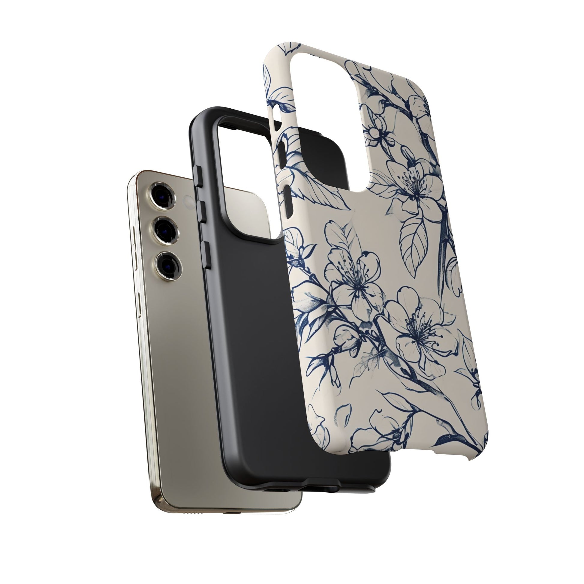 Blossom Sketch - Artistic Blue Floral Samsung Galaxy S23 Tough Phone Case - Hand-Drawn Botanical Design