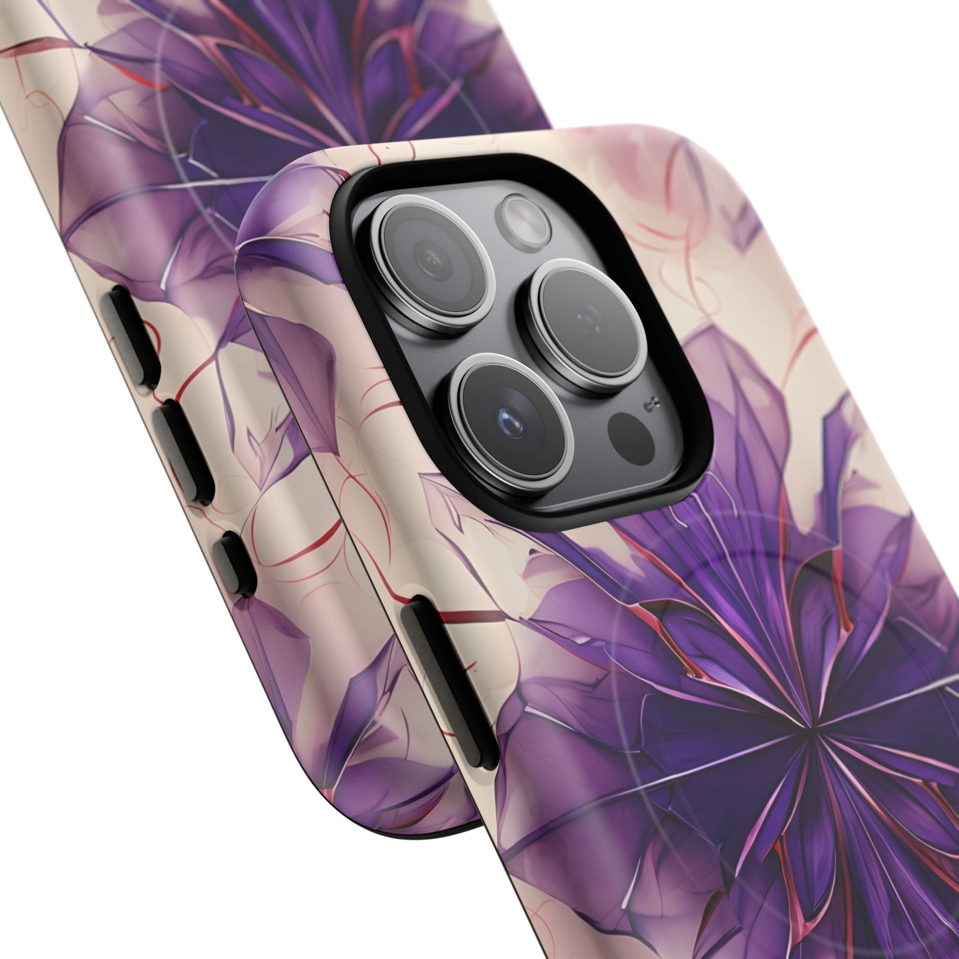 Violet Reverie - Kaleidoscope Collection Artistic Floral Burst - iPhone 15 Pro MagSafe Phone Case - Bold Purple Symmetrical Design