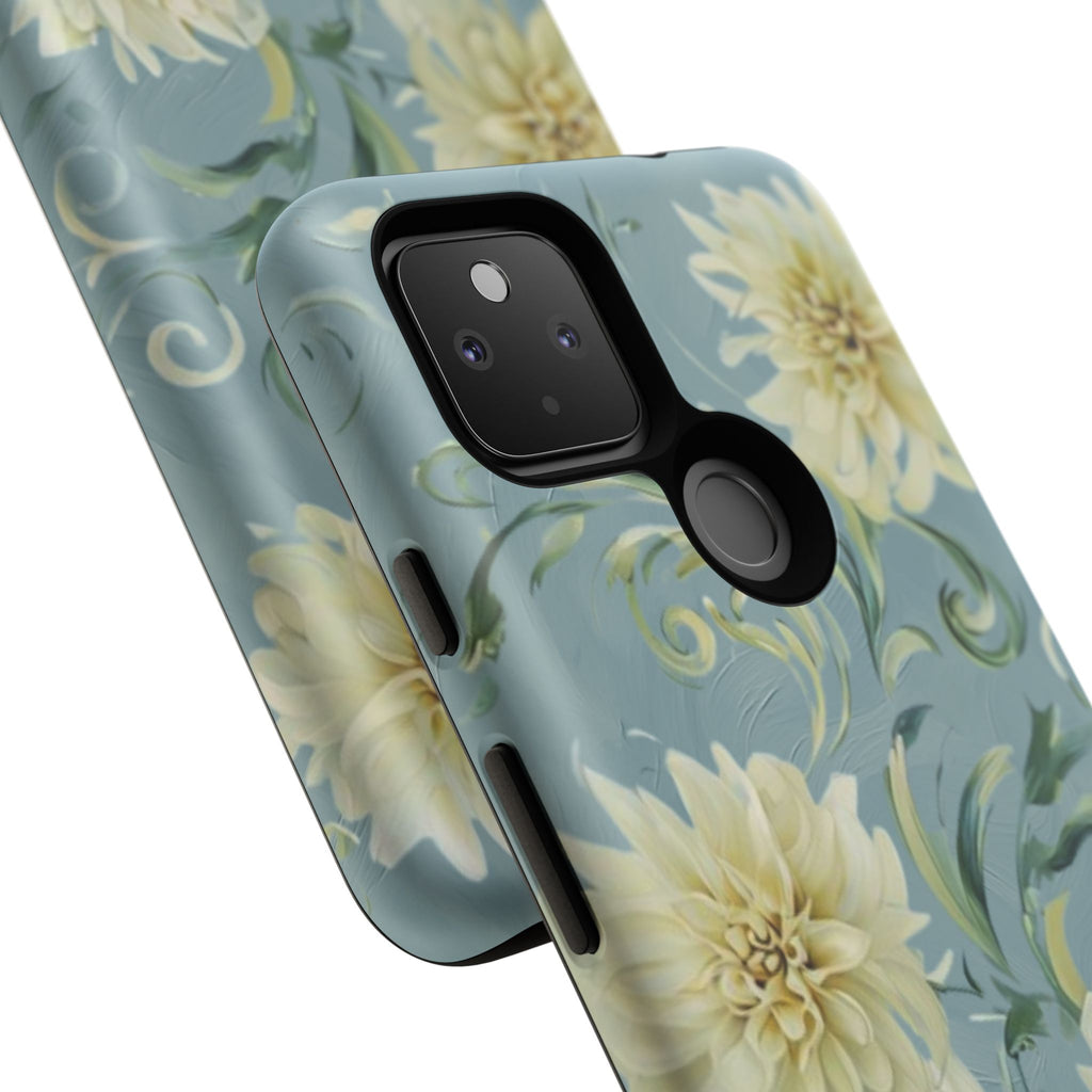 Golden Dahlia Trio - Elegant Floral Google Pixel 4a 5G Tough Phone Case - Artistic White & Blue Dahlia Design