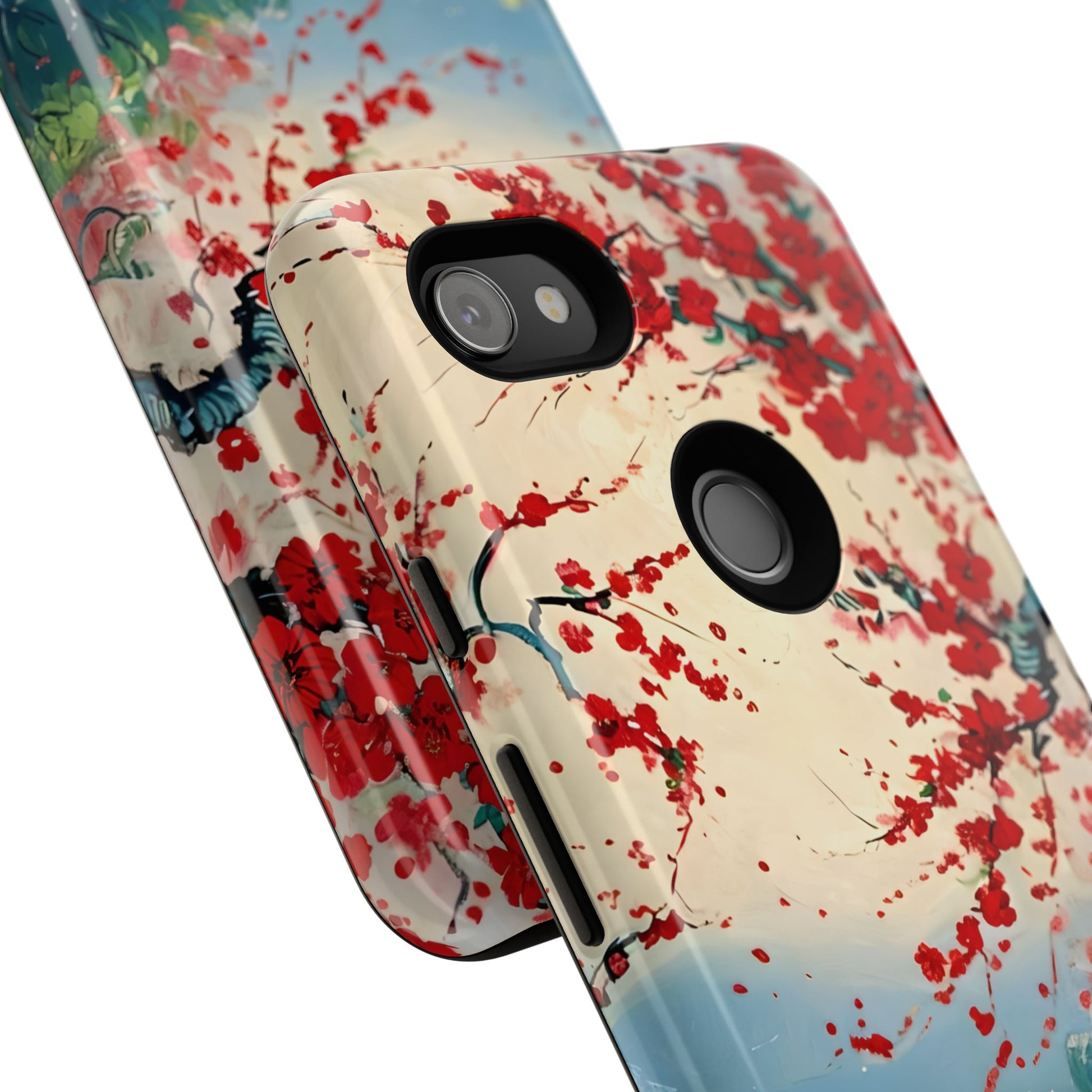 Crimson Blossom Lake - Artistic Floral Landscape Google Pixel 3a XL Tough Phone Case - Red Cherry Blossoms & Serene Lake Design