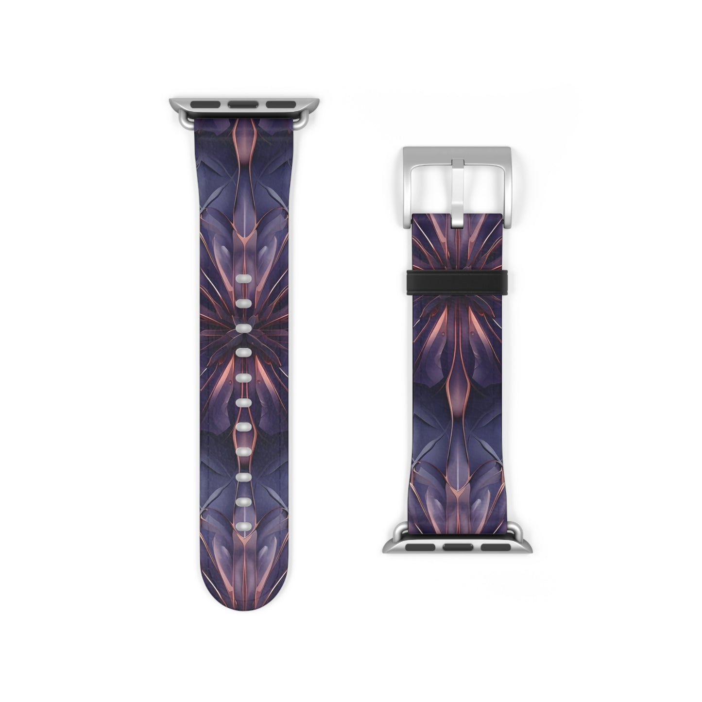 Twilight Tapestry Apple Watch band strap with geometric tapestry-style artwork and silver clasp