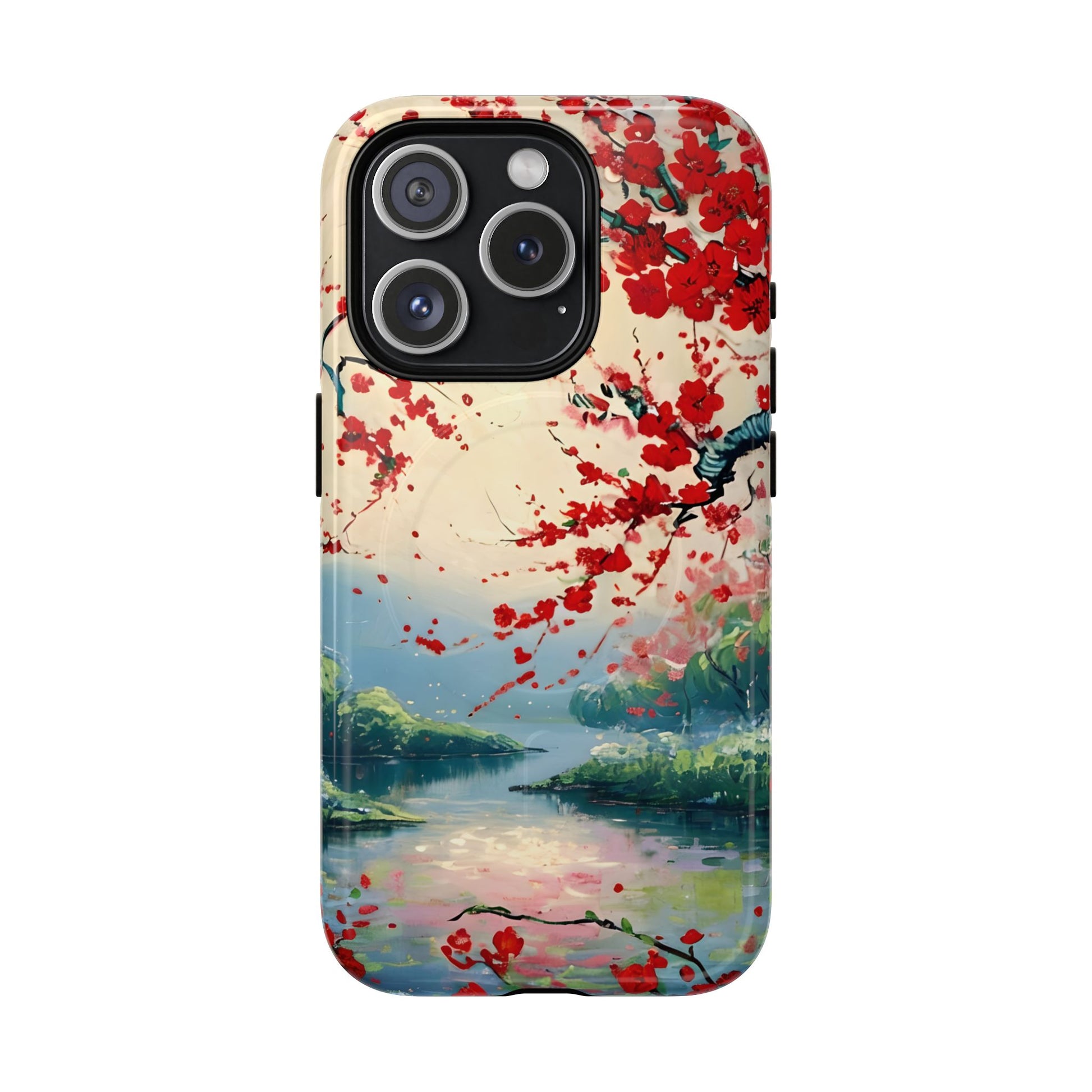 Crimson Blossom Lake - Artistic Floral Landscape iPhone 15 Pro MagSafe Phone Case - Red Cherry Blossoms & Serene Lake Design