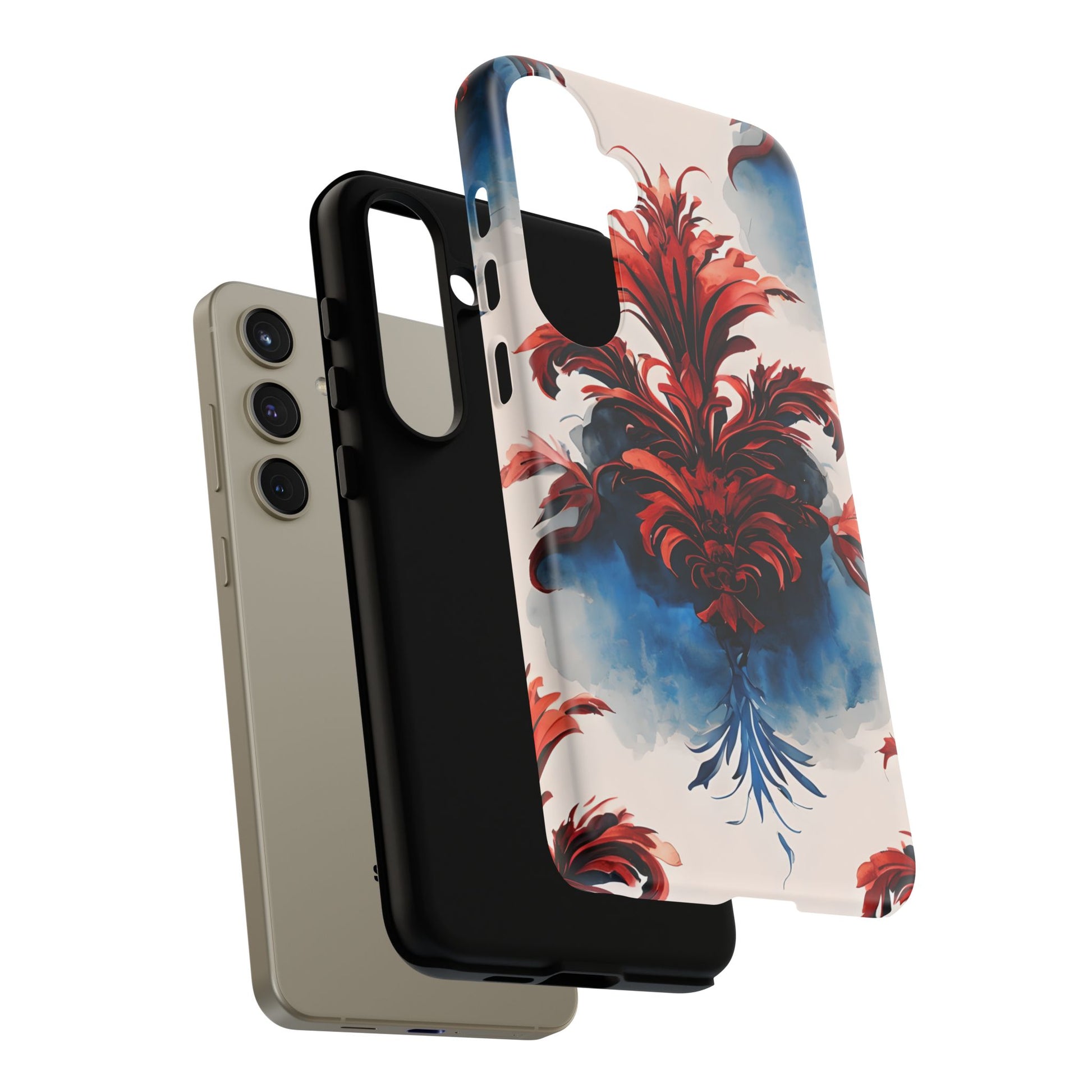 Crimson Plume - Bold Artistic Feather Samsung Galaxy S24 Plus Tough Phone Case - Dramatic Red & Blue Design