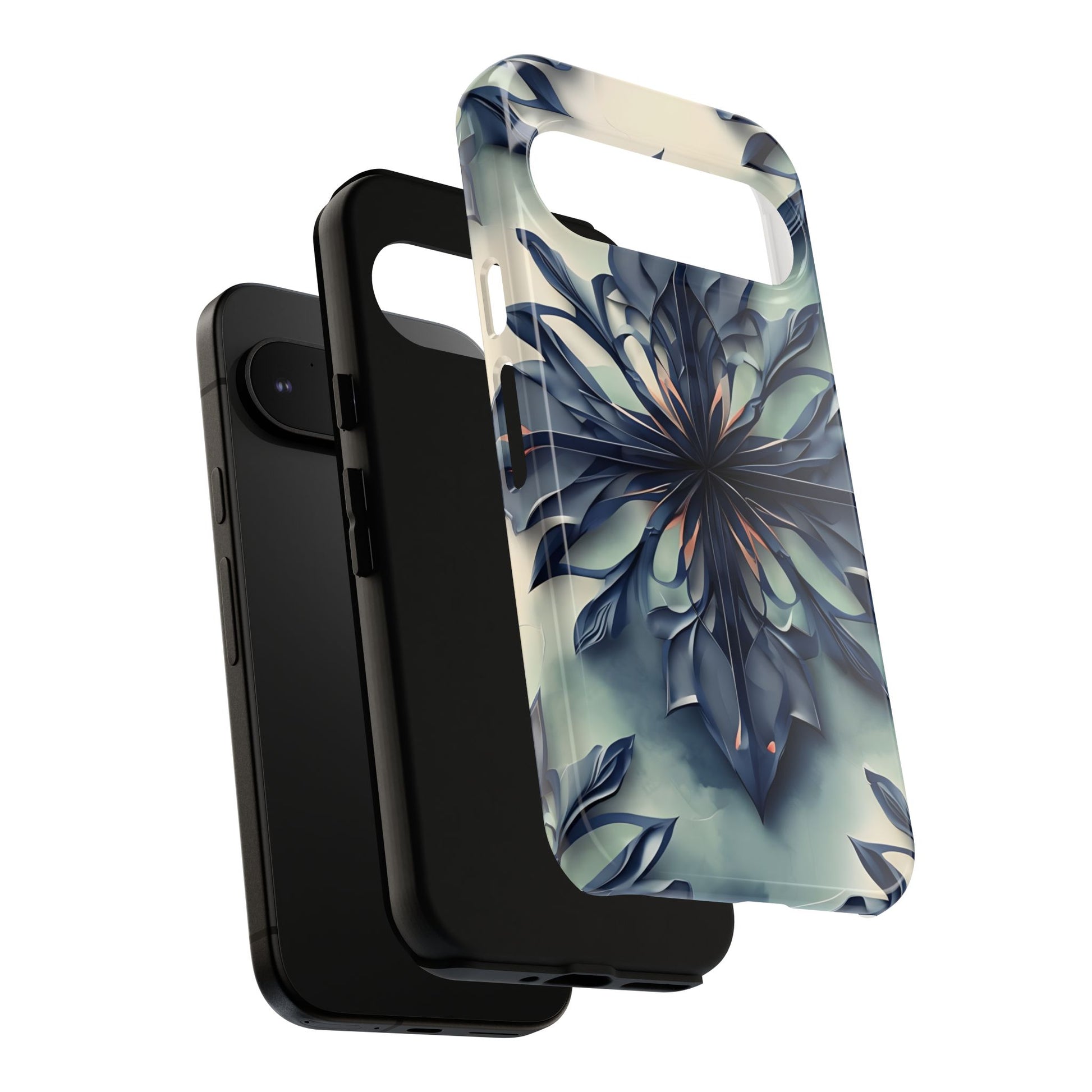 Frosted Indigo Bloom - Artistic Kaleidoscope Collection Artistic Floral - Google Pixel 9 Tough Phone Case - Blue Symmetrical Design
