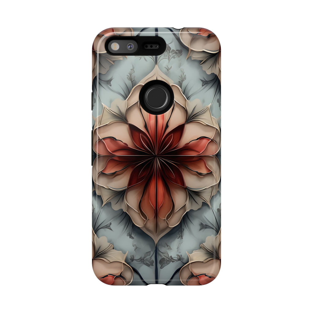 Ember Bloom - Kaleidoscope Collection Artistic Floral - Google Pixel Tough Phone Case - Fiery Symmetrical Design
