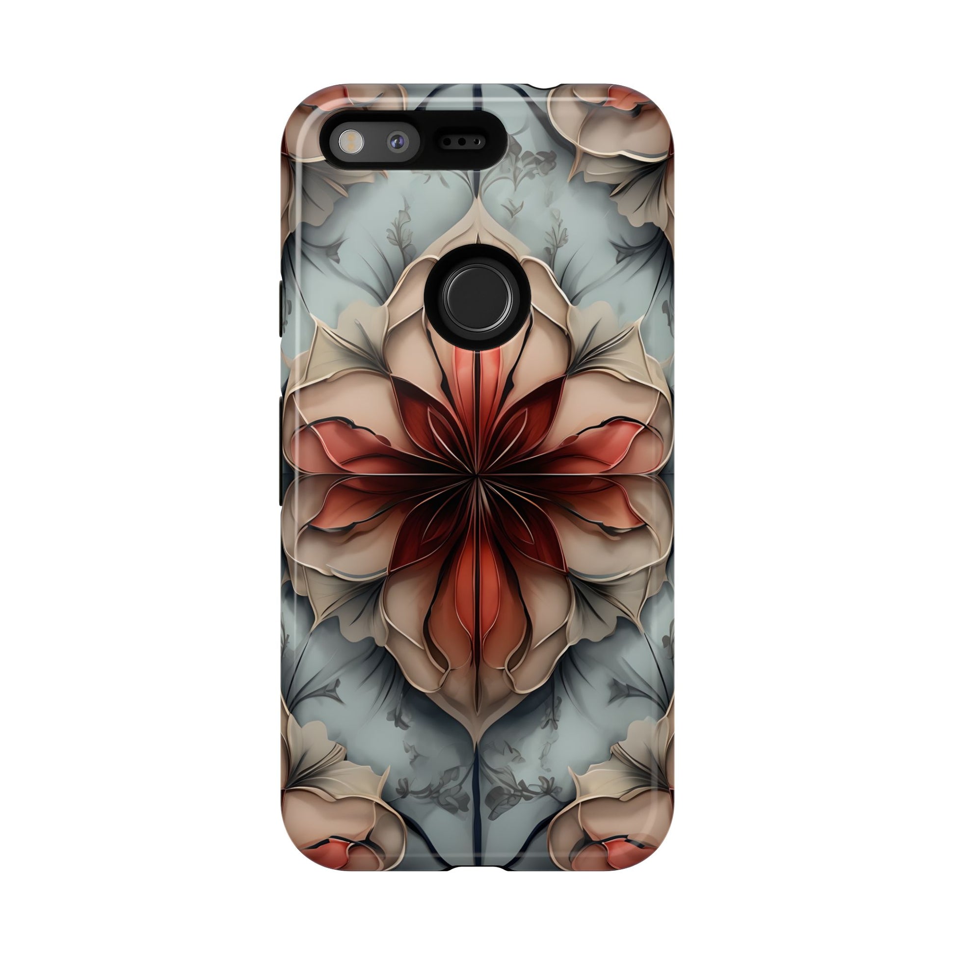 Ember Bloom - Kaleidoscope Collection Artistic Floral - Google Pixel Tough Phone Case - Fiery Symmetrical Design