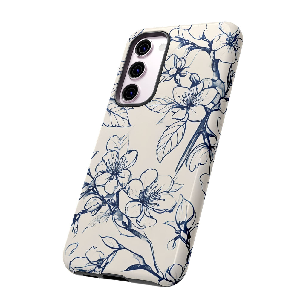 Blossom Sketch - Artistic Blue Floral Samsung Galaxy S23 Plus Tough Phone Case - Hand-Drawn Botanical Design