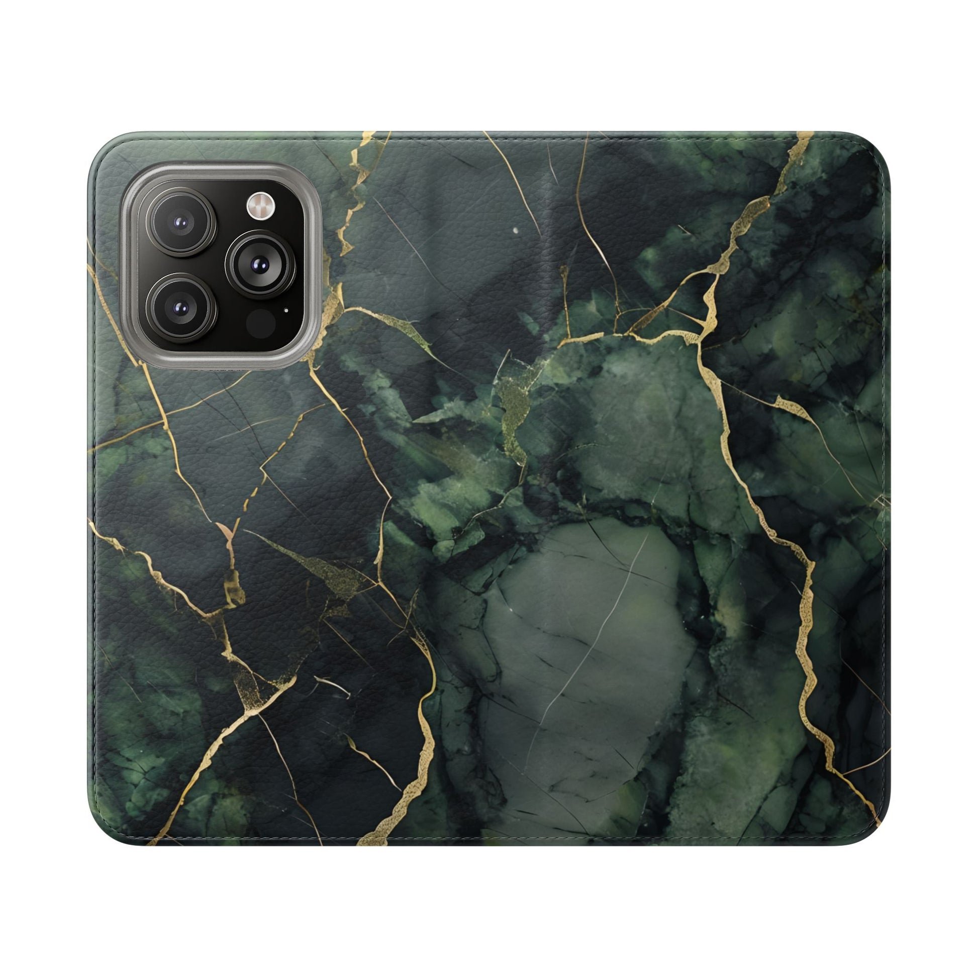 Verdant Vein - Green Marble Design Wallet Phone Case for iPhone 14 Pro