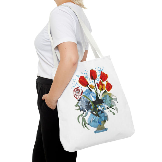 Bouquet Brilliance Tote (16x16 & 18x18)- Vibrant Red Tulips and Blue Porcelain Vase on White Canvas, Reusable & Eco-Friendly
