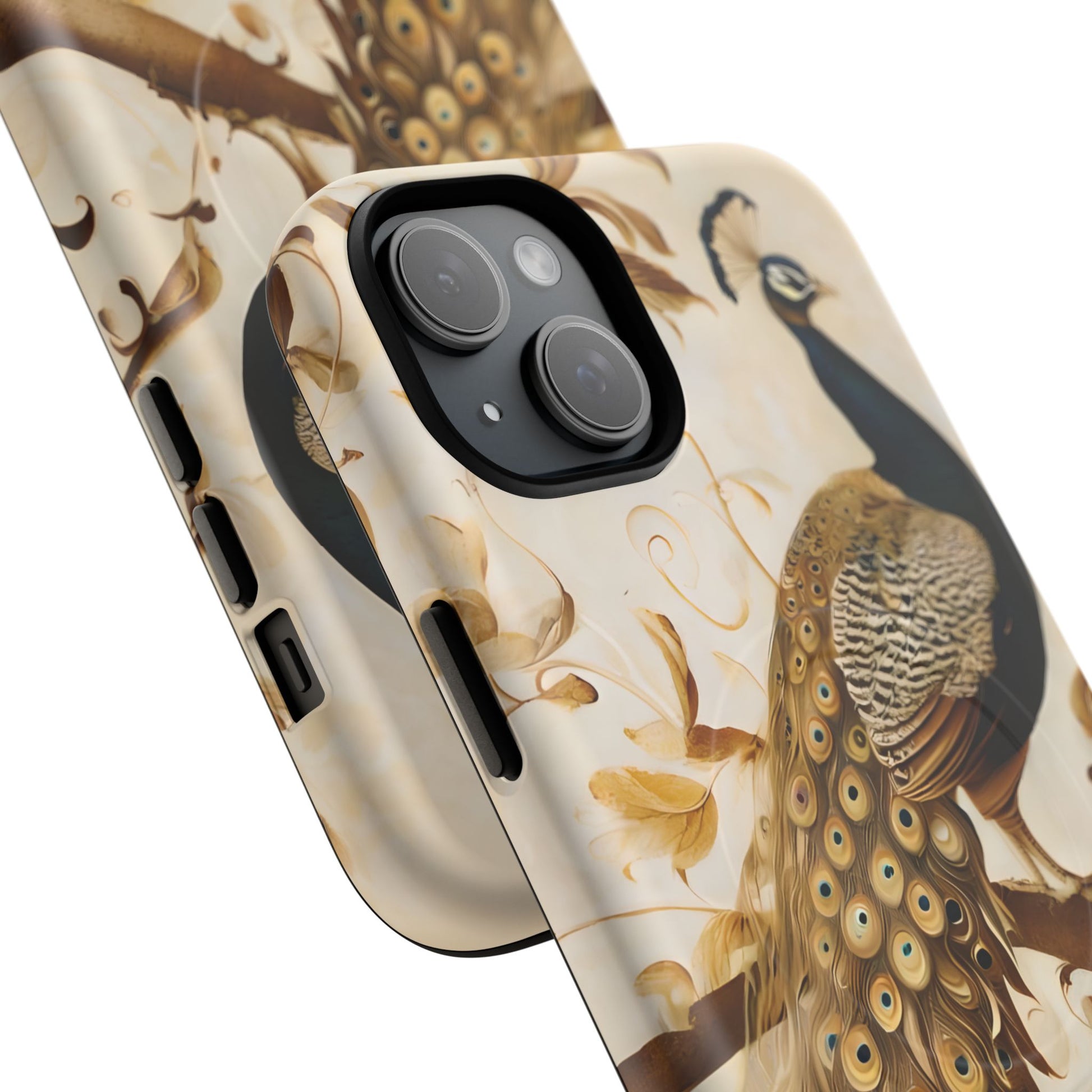 Golden Plumage - Luxe Peacock Art iPhone 15 Plus Phone Case - MagSafe Compatible - Elegant Gold & Cream Design