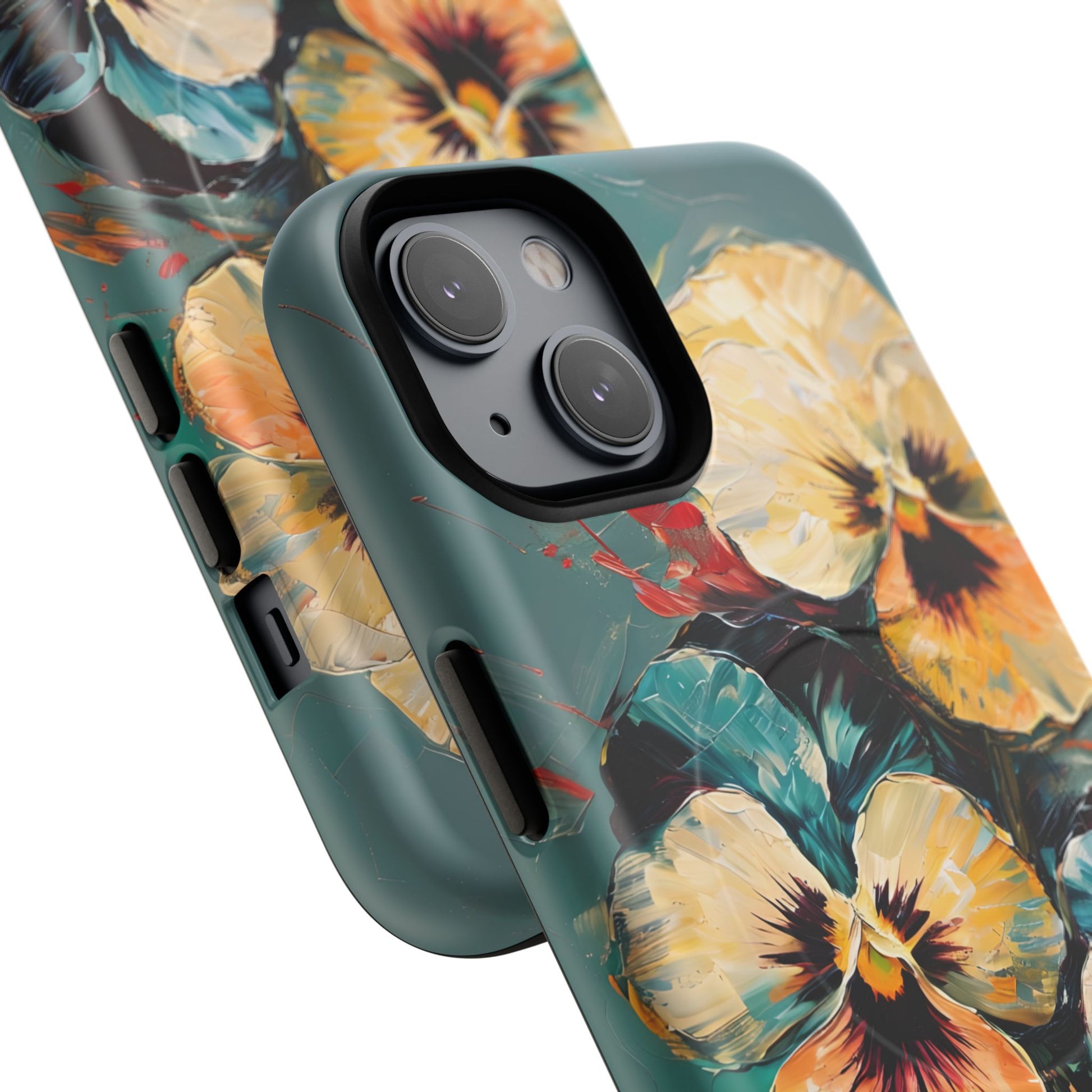 Golden Pansy Cascade - Elegant Floral iPhone 14 MagSafe Case with Deep Teal Background