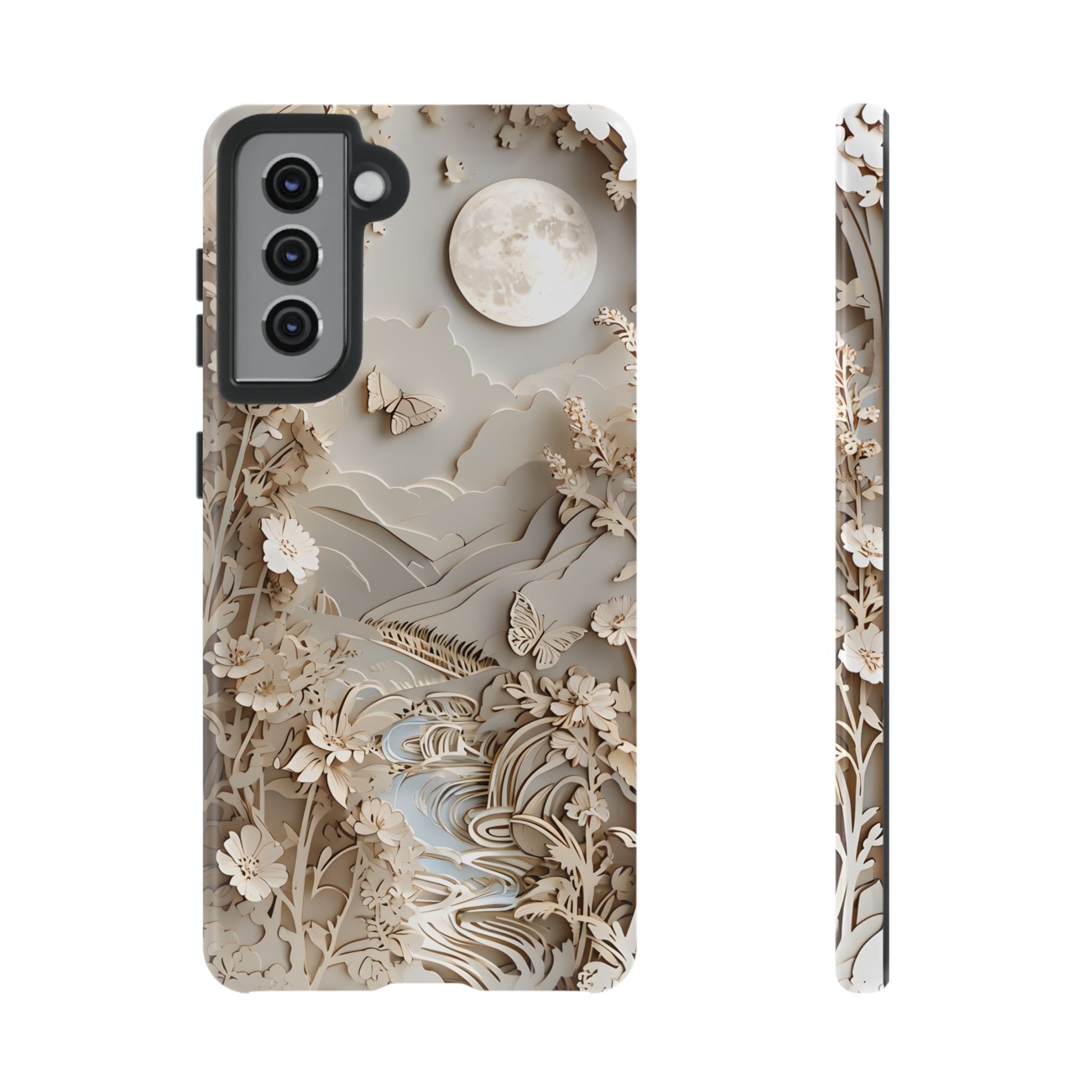 Moonlit Garden - Elegant Neutral Floral Samsung Galaxy S21 Tough Phone Case - Painterly Botanical & Moon Design