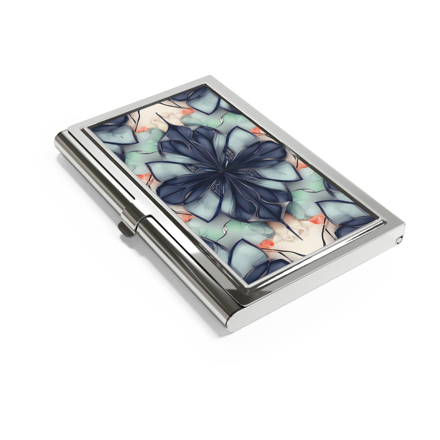 Midnight Mosaic Business Card Holder - Abstract Navy, Blush & Ivory Floral Design
