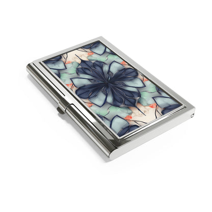 Midnight Mosaic Business Card Holder - Abstract Navy, Blush & Ivory Floral Design