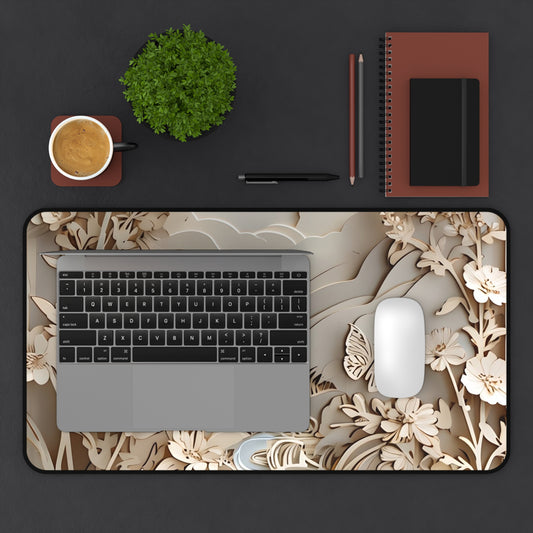 Moonlit Garden desk mat in workspace with keyboard and mouse showing botanical floral design