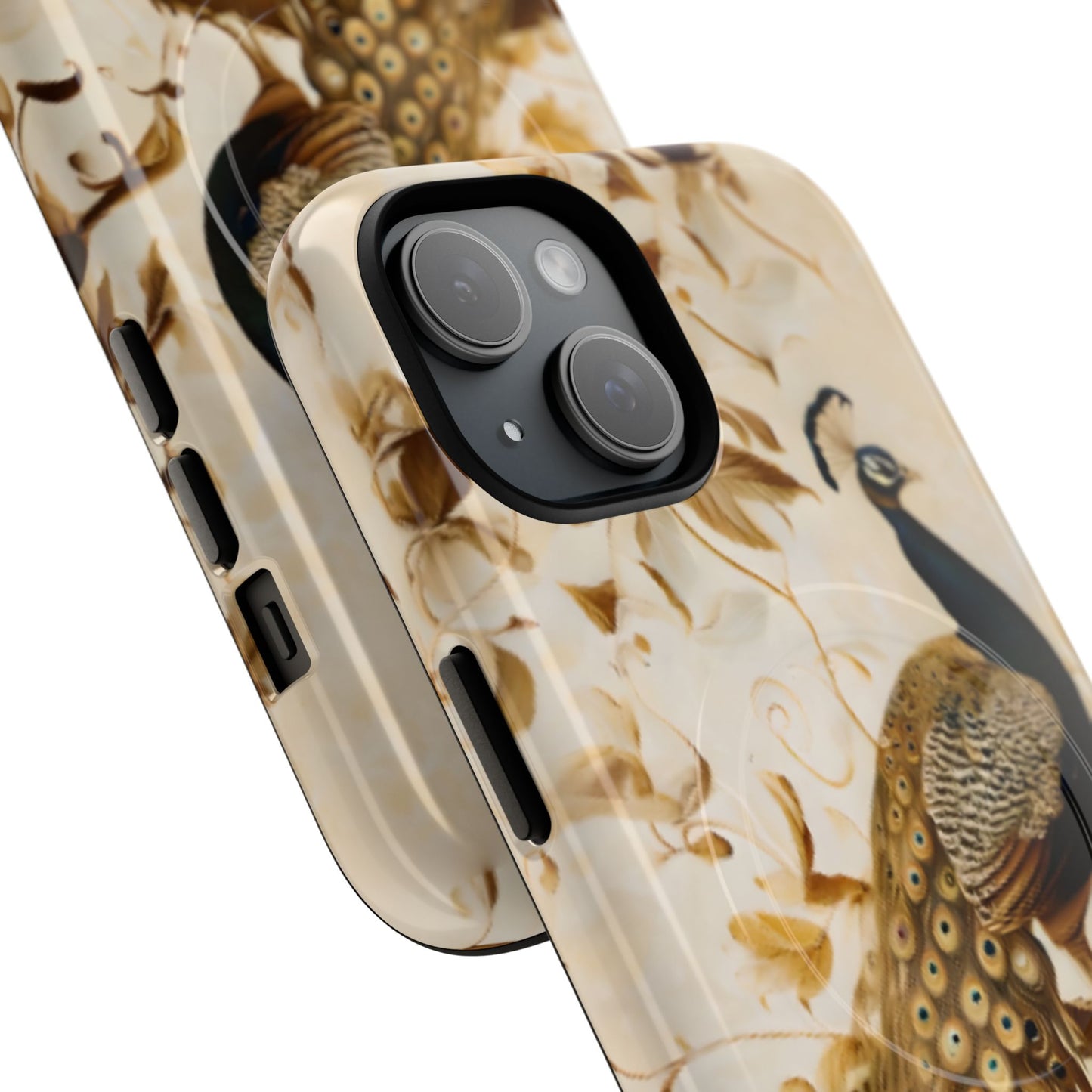 Angled view of Golden Plumage peacock feather iPhone MagSafe protective case