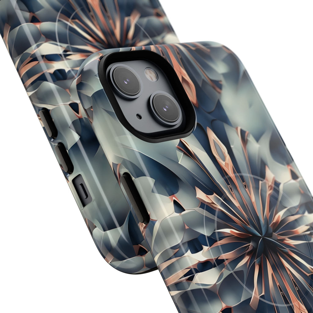 Obsidian Kaleidoscope Artistic Floral Burst - iPhone 14 Plus MagSafe Phone Case -Blue, Peach and Silver Symmetrical Design