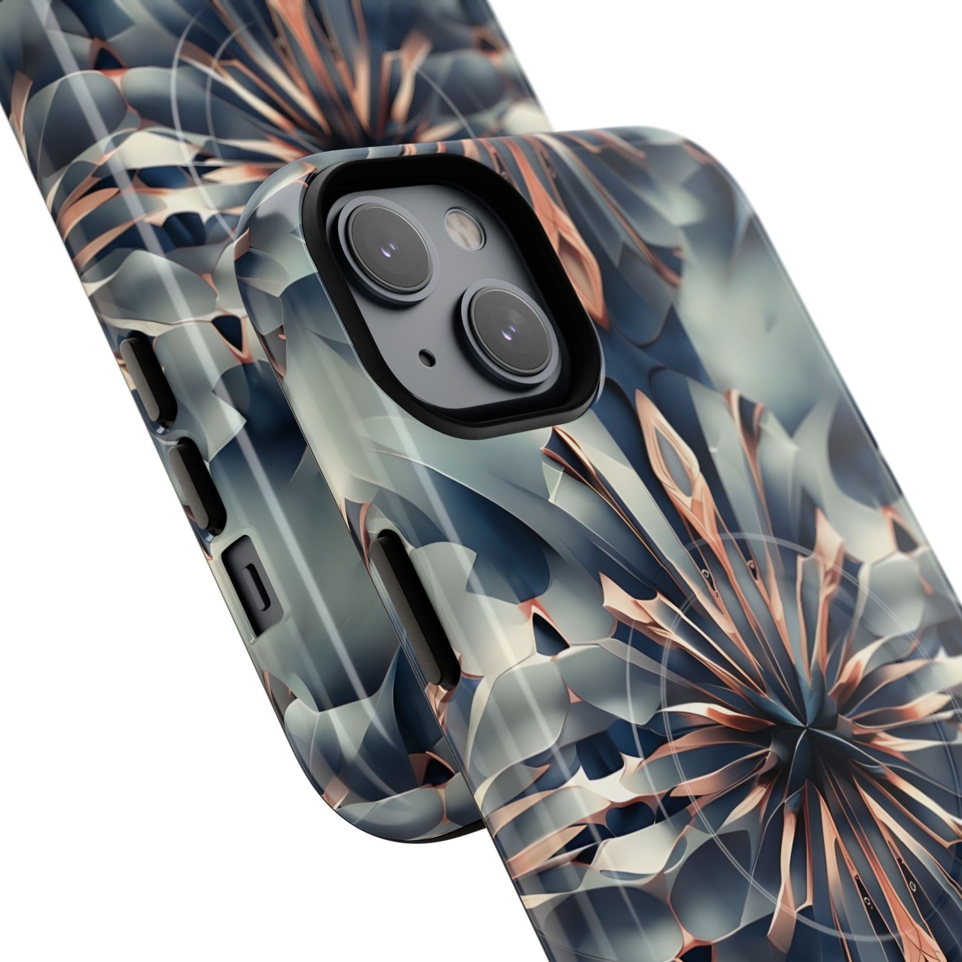 Obsidian Kaleidoscope Artistic Floral Burst - iPhone 14 Plus MagSafe Phone Case -Blue, Peach and Silver Symmetrical Design