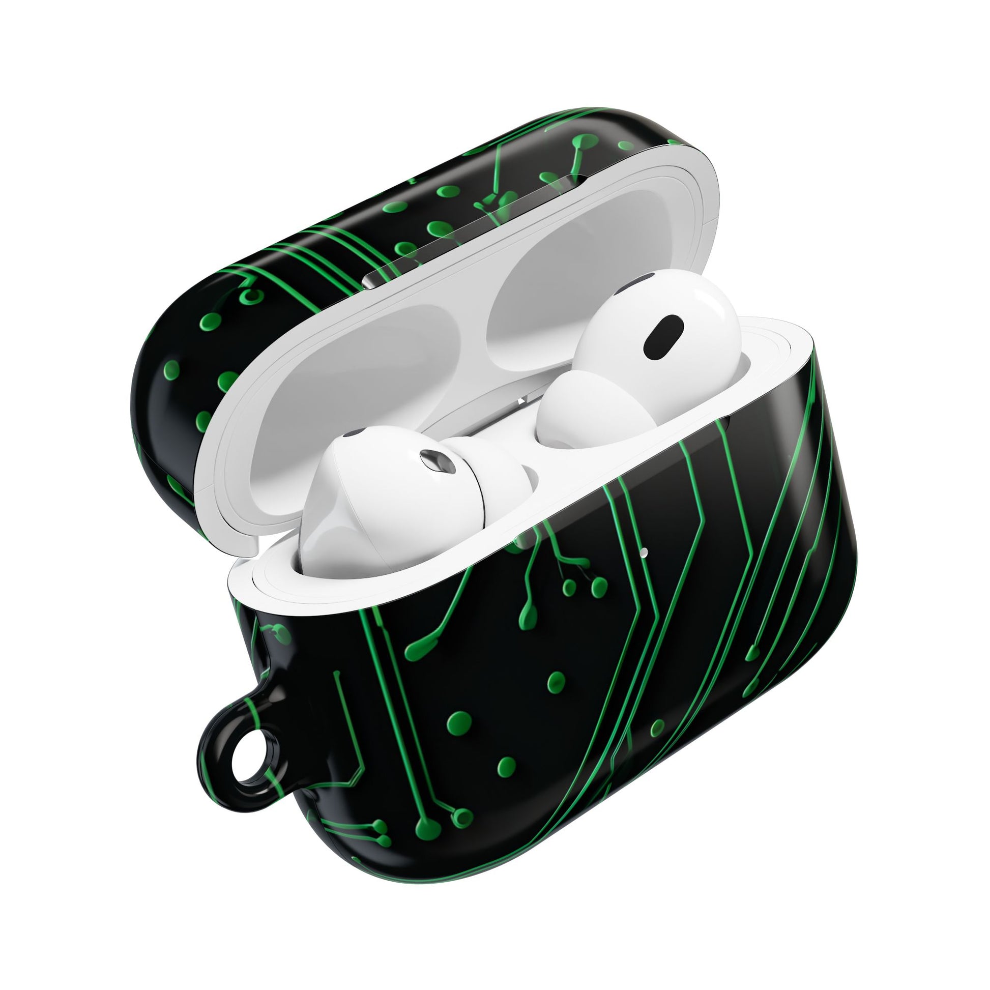 Green Circuit Grid AirPods case open showing protective cover with green circuit board pattern