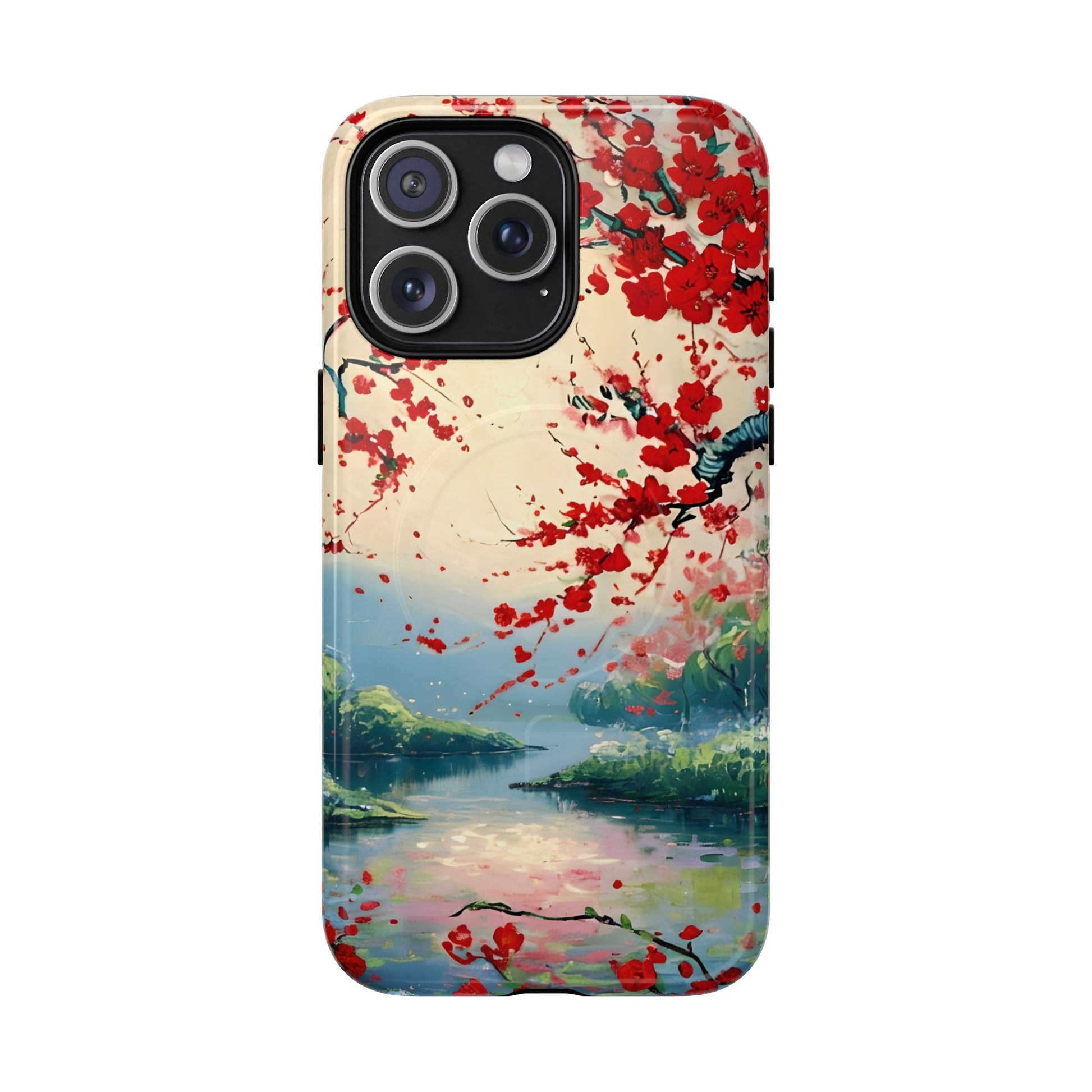 Crimson Blossom Lake - Artistic Floral Landscape iPhone 15 Pro Max MagSafe Phone Case - Red Cherry Blossoms & Serene Lake Design