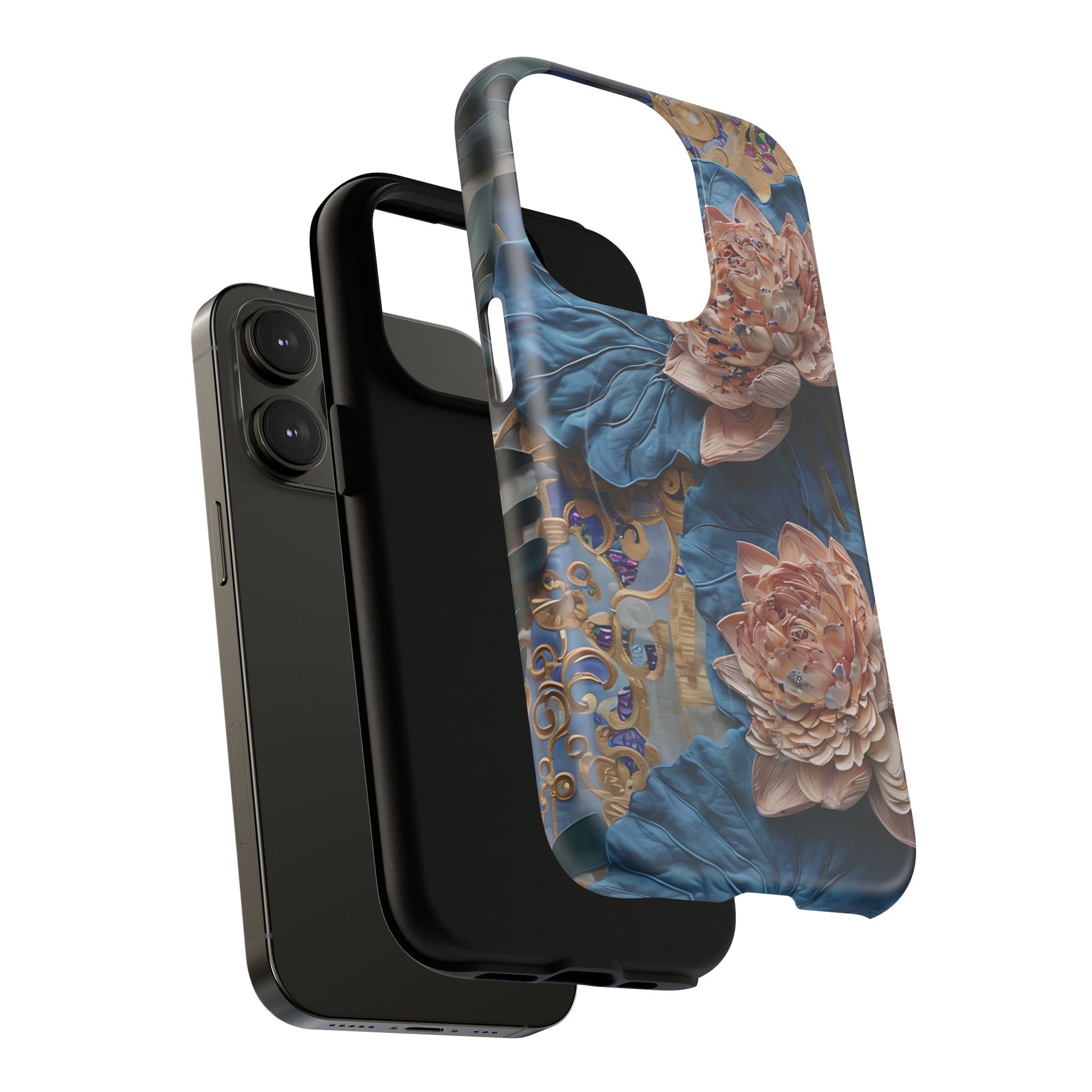 Peony Midnight Tapestry - iPhone 14 Pro - MagSafe Compatible - Elegant Blue & Blush Artful Phone Cover