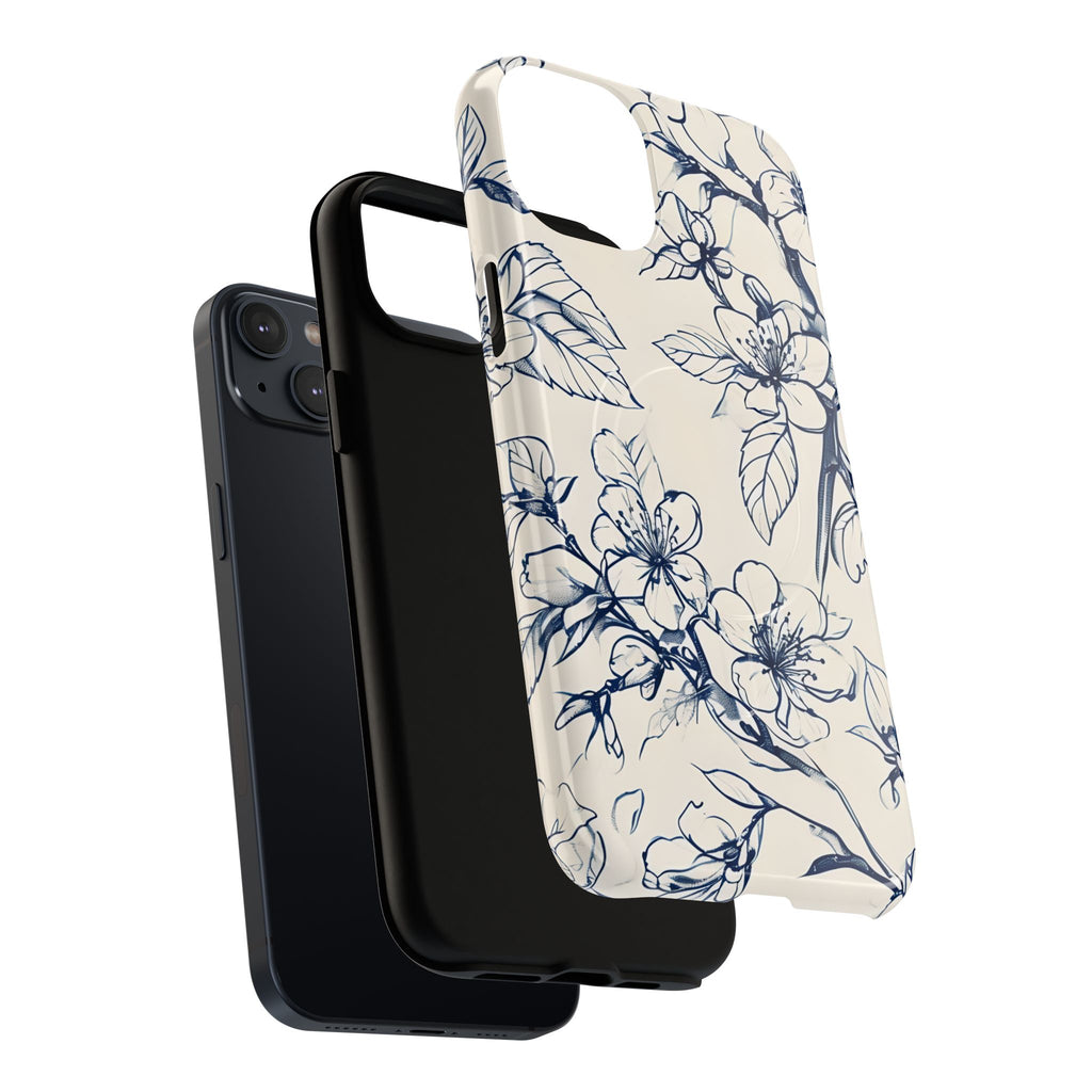 Blossom Sketch - Artistic Blue Floral - iPhone 14 Plus MagSafe Phone Case - Hand-Drawn Botanical Design