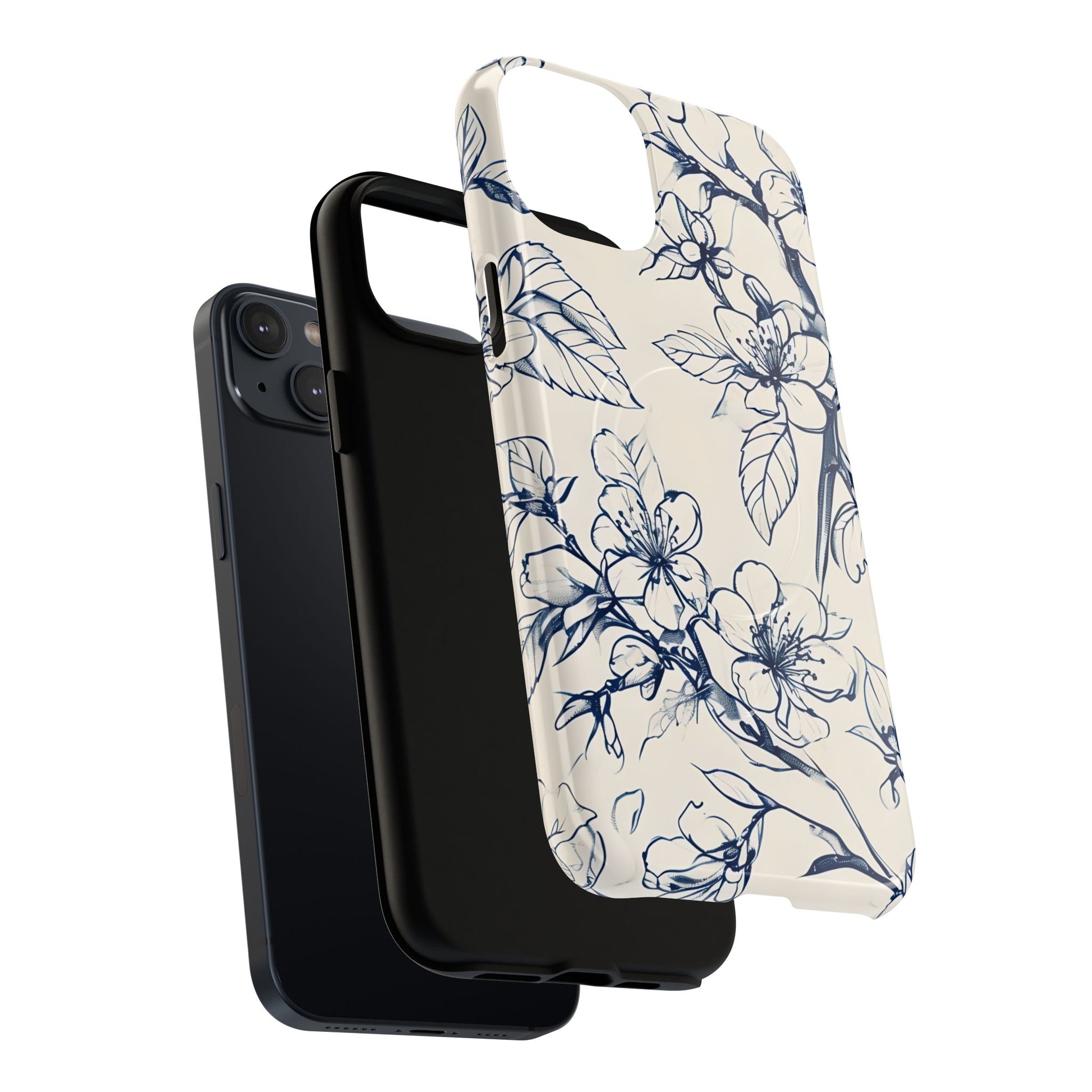 Blossom Sketch - Artistic Blue Floral - iPhone 14 Plus MagSafe Phone Case - Hand-Drawn Botanical Design