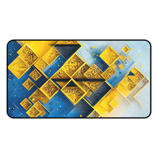 Golden Ascent desk mat featuring bold geometric gold and blue pattern