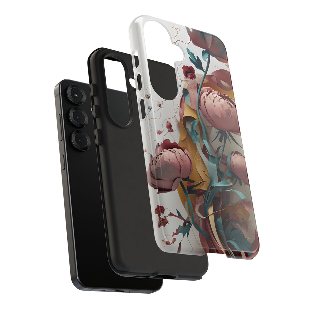 Blushing Peony Veil - Elegant Painterly Floral Samsung Galaxy S25 Tough Phone Case - Soft Blush & Teal Peony Design