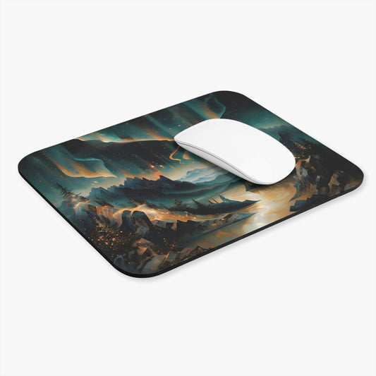 Aurora Dreamscape mouse pad in workspace with mouse showing glowing aurora design