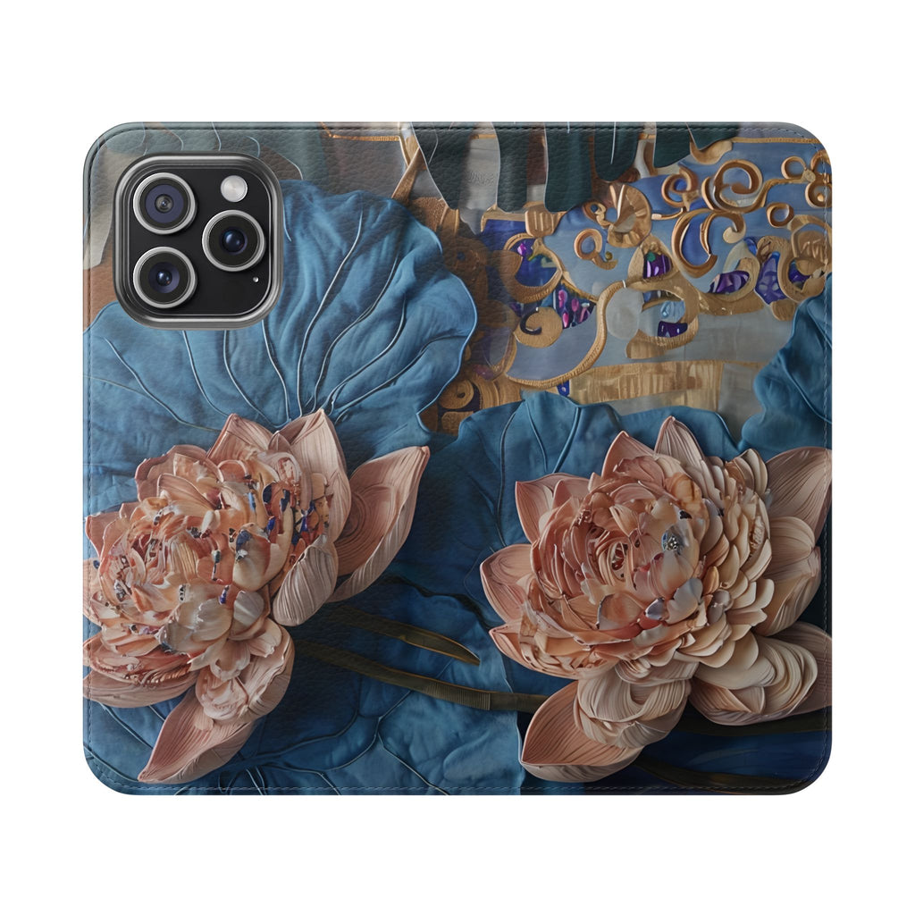 Peony Midnight Tapestry Wallet Phone Case - Flip Cover for iPhone 15 Pro Max - Floral and Tapestry Design