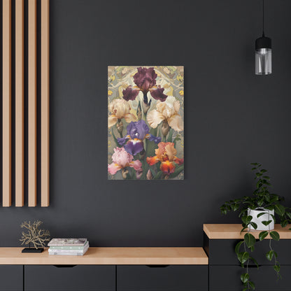 Iris Reverie wall art canvas displayed on a dark accent wall in a modern living room