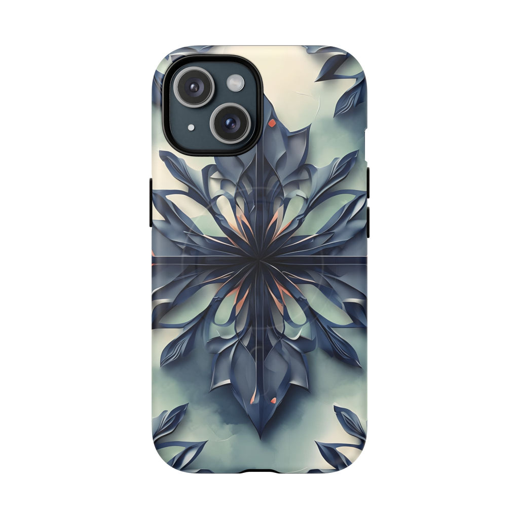 Frosted Indigo Bloom - Artistic Kaleidoscope Collection Artistic Floral - iPhone 15 MagSafe Phone Case -Blue Symmetrical Design