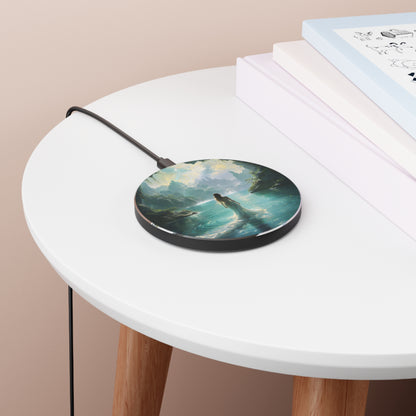 Celestial Tides fantasy lake art Qi wireless charger on bedside table with books