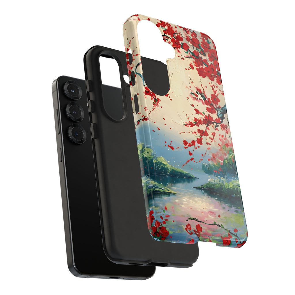 Crimson Blossom Lake - Artistic Floral Landscape Samsung Galaxy S25 Tough Phone Case - Red Cherry Blossoms & Serene Lake Design