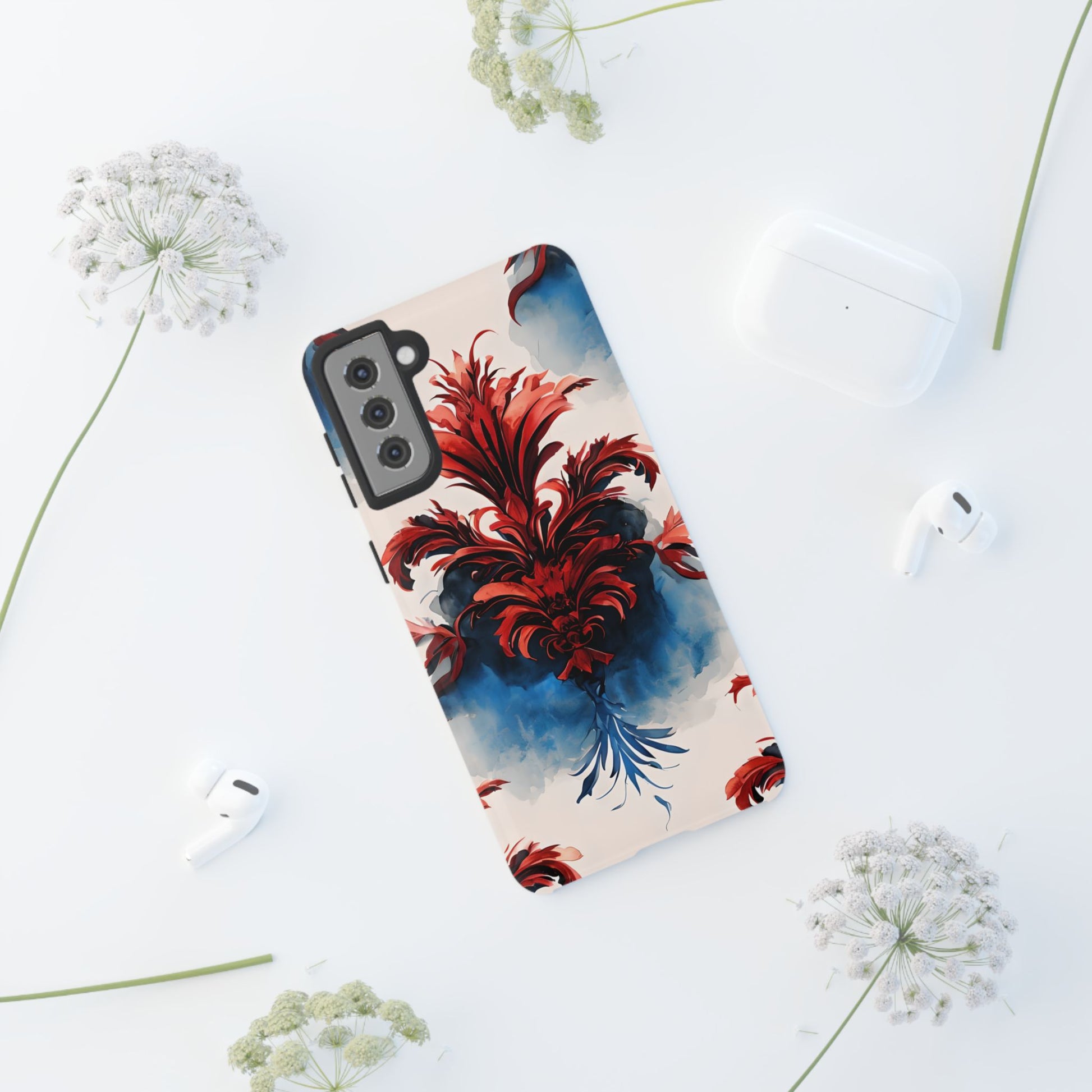 Crimson Plume - Bold Artistic Feather Samsung Galaxy S21 Plus Tough Phone Case - Dramatic Red & Blue Design