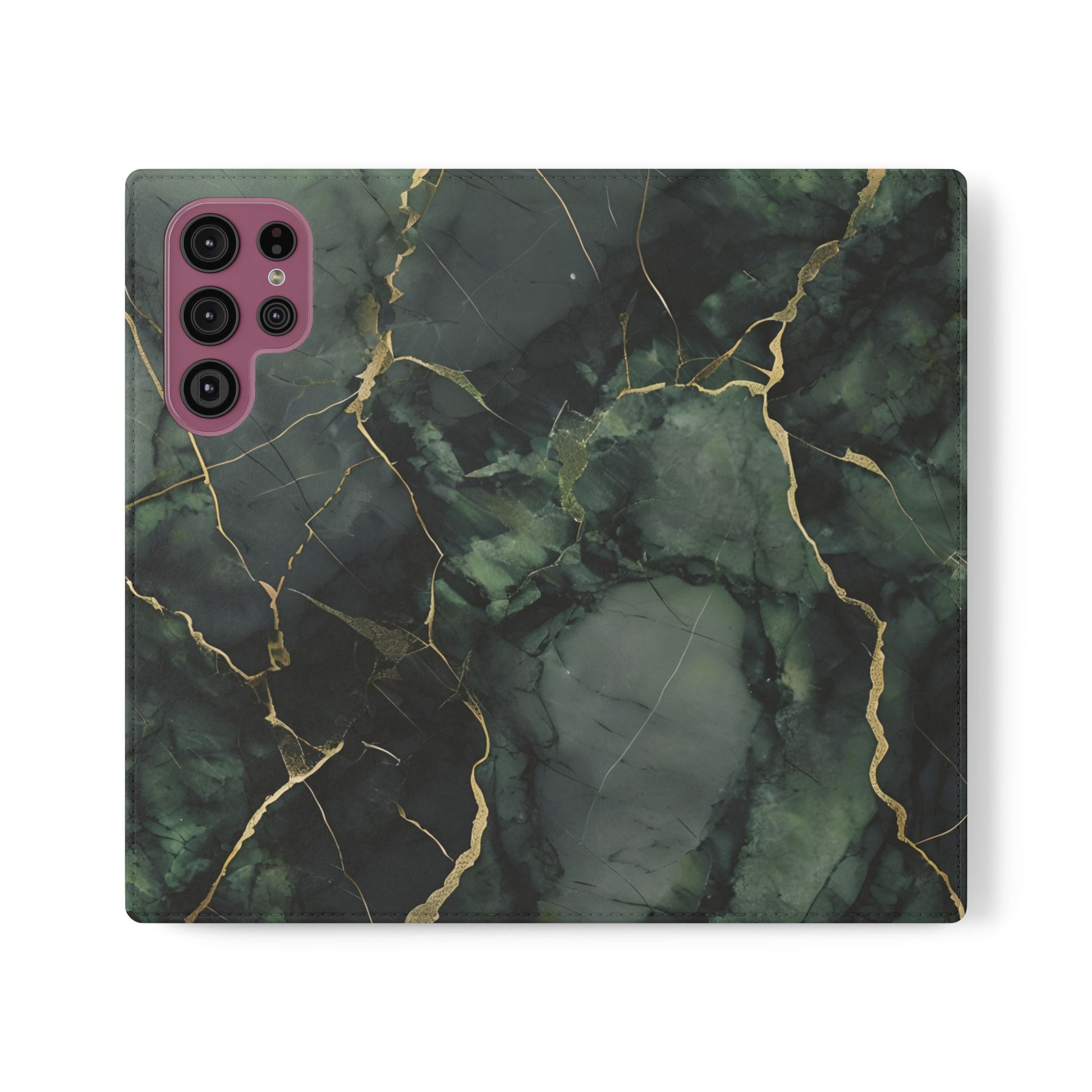 Verdant Vein - Flip Phone Case for Samsung Galaxy S22 Ultra - Green and Gold Marble Design