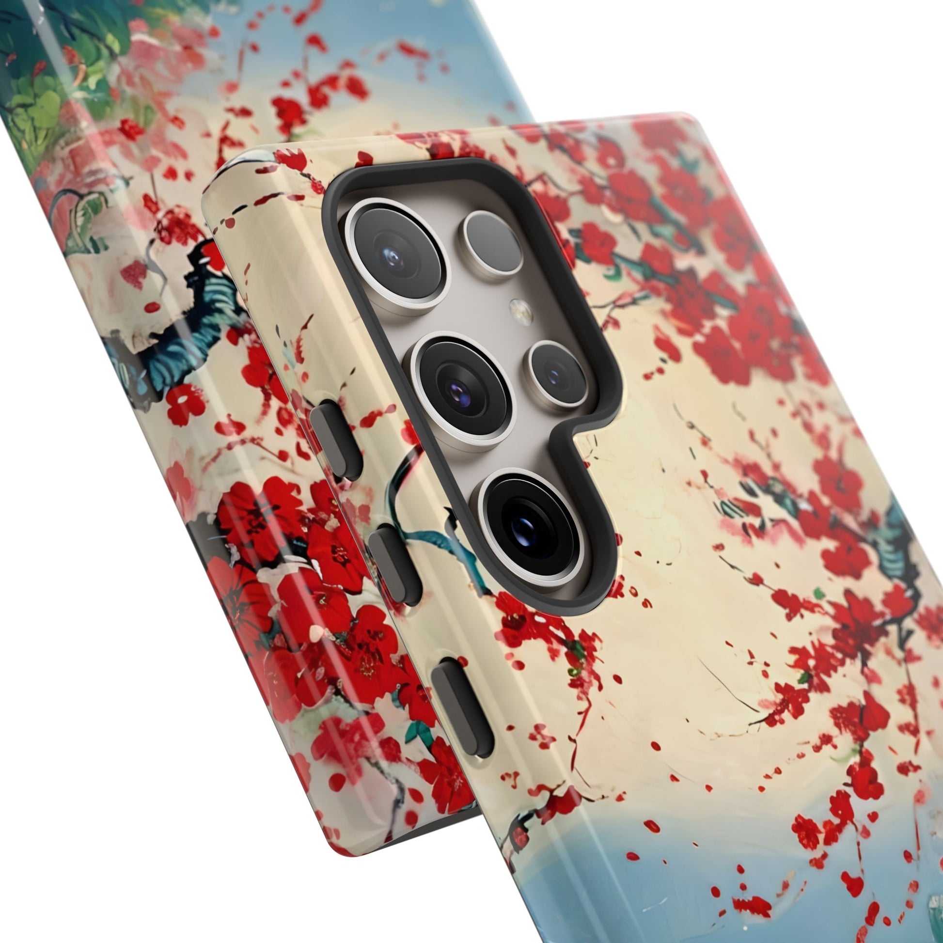 Crimson Blossom Lake - Artistic Floral Landscape Samsung Galaxy S24 Ultra Tough Phone Case - Red Cherry Blossoms & Serene Lake Design
