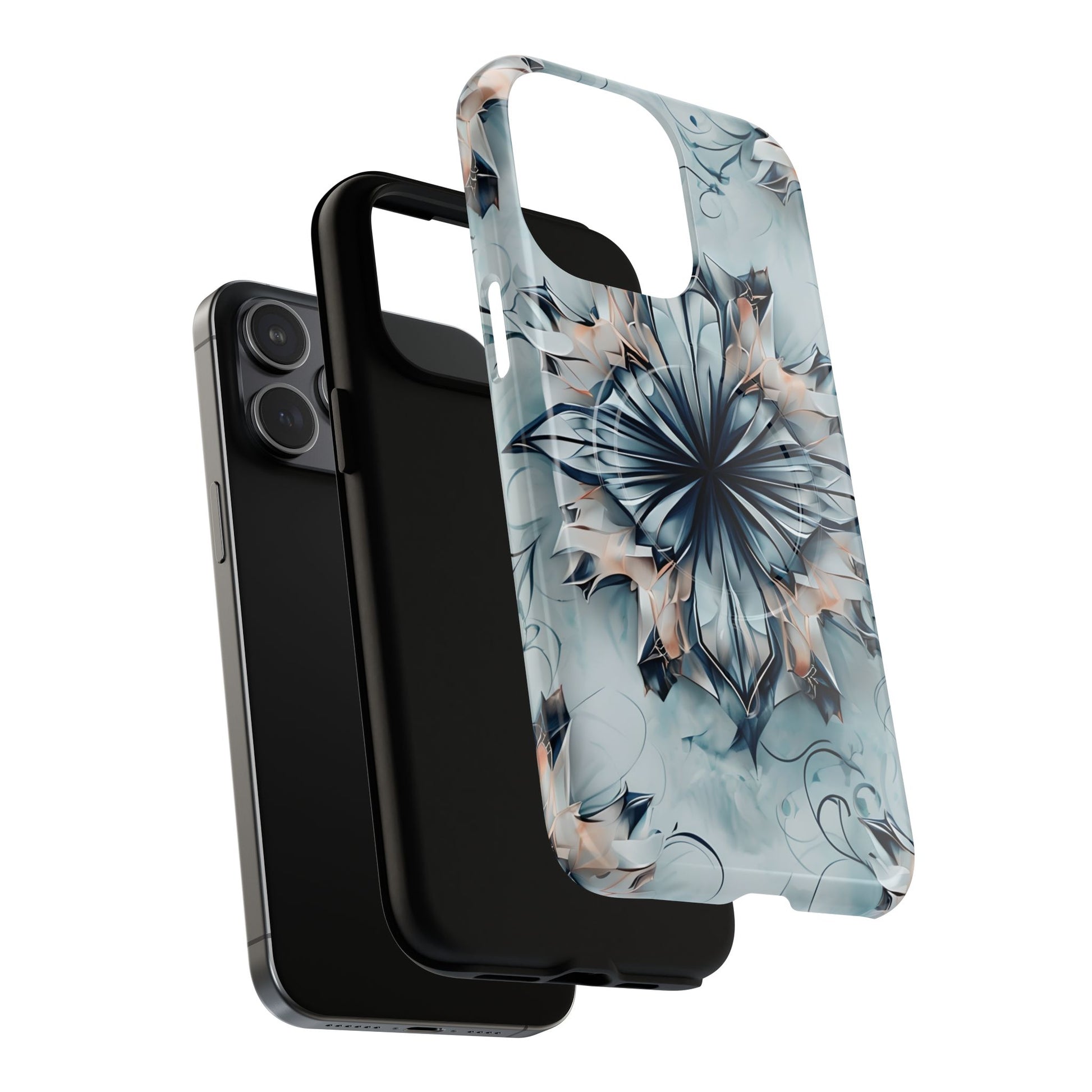 Indigo Mirage - Artistic Kaleidoscope Collection Artistic Floral - iPhone 15 Pro Max MagSafe Phone Case -Bold Indigo Symmetrical Design