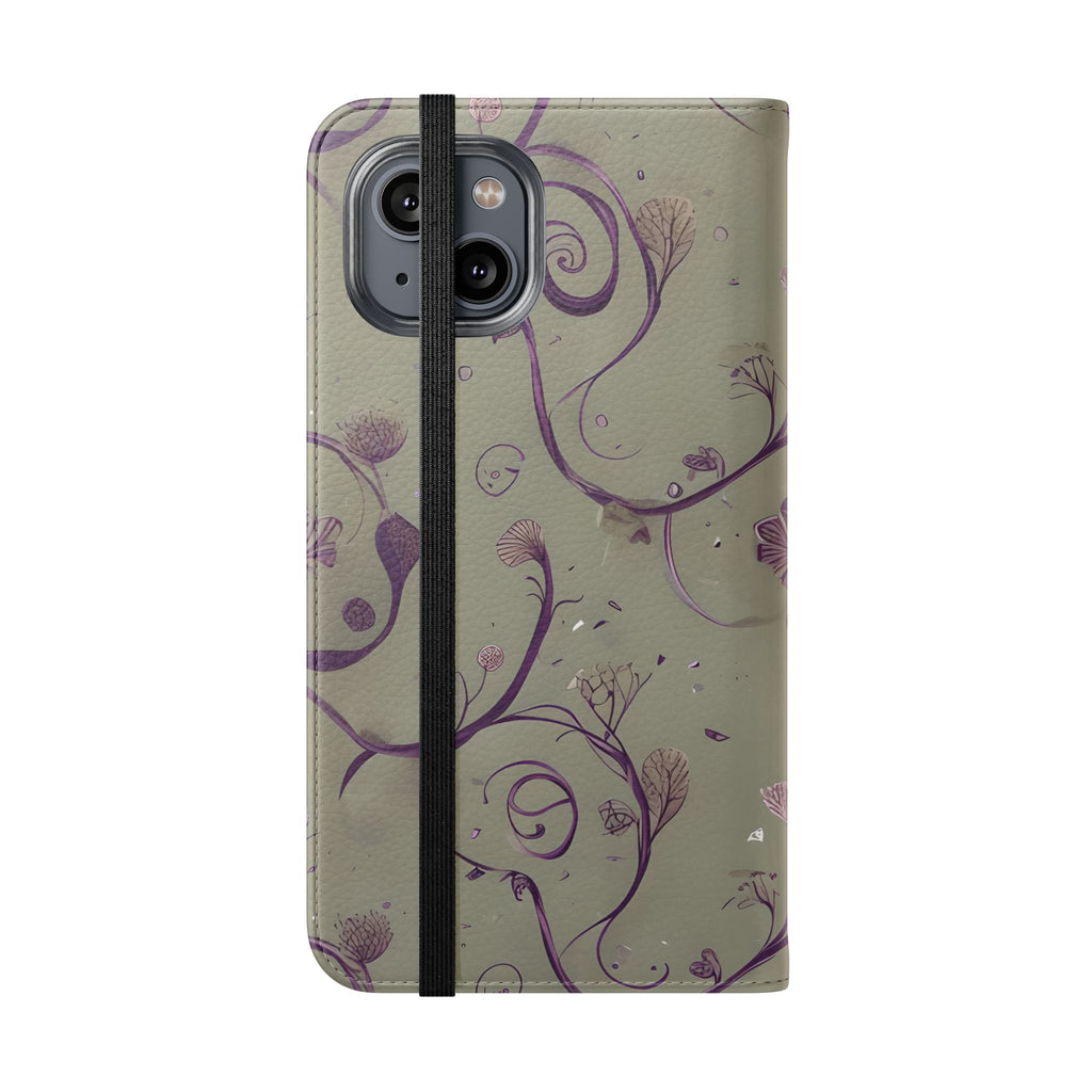 Twilight Thistle Bloom Wallet Phone Case - Elegant Purple Floral Vine Flip Cover for iPhone 14