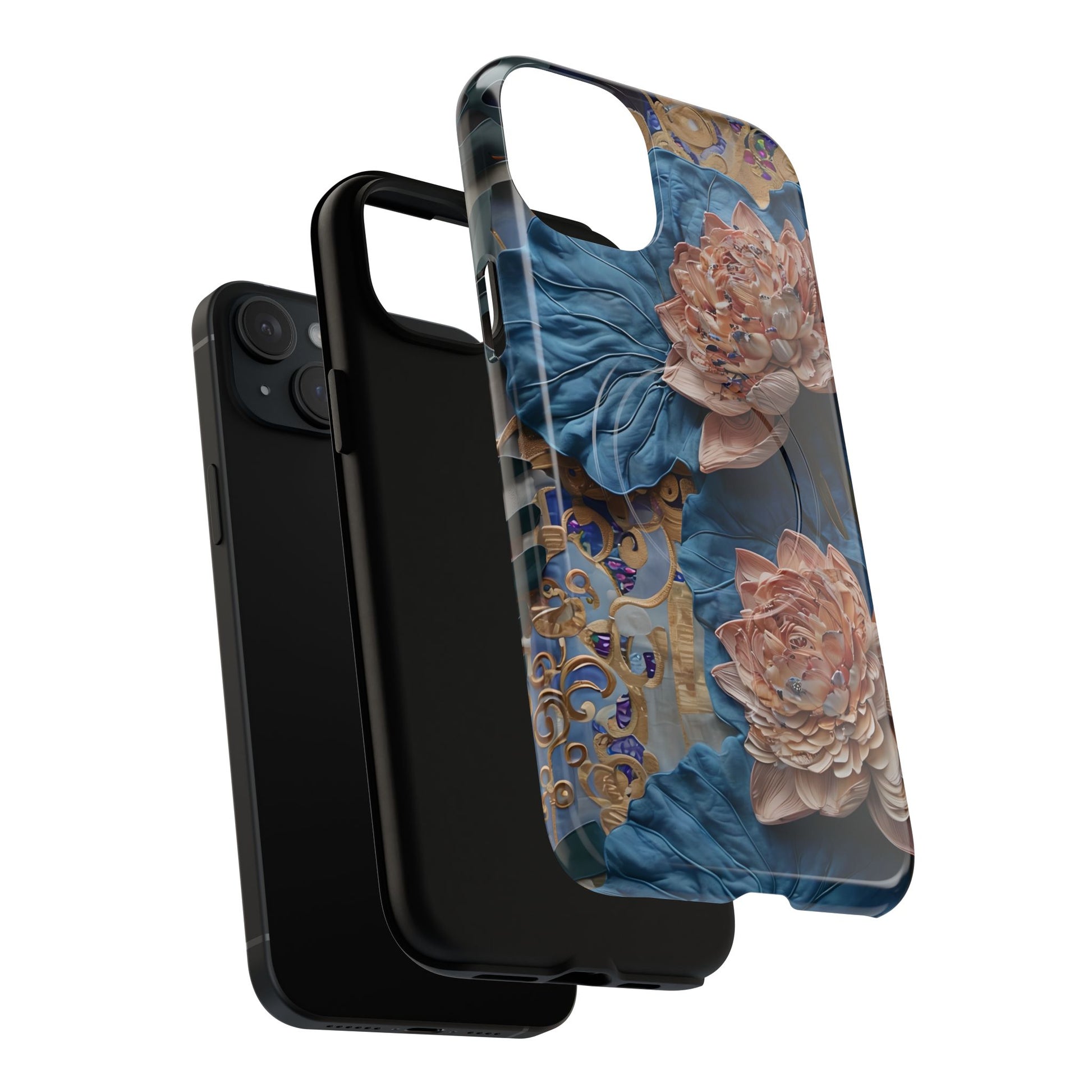 Peony Midnight Tapestry - iPhone 15 Plus - MagSafe Compatible - Elegant Blue & Blush Artful Phone Cover
