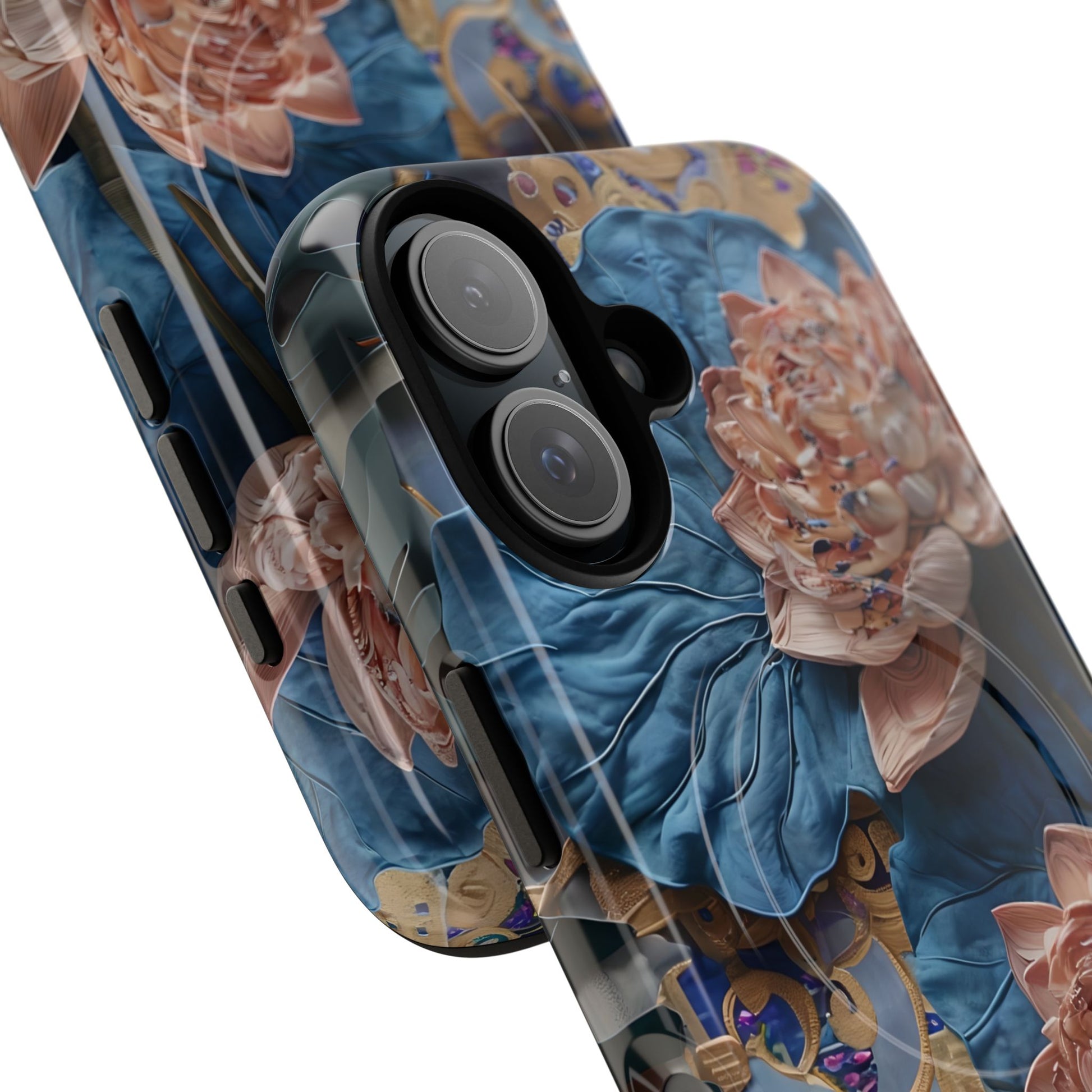 Peony Midnight Tapestry - iPhone 16 - MagSafe Compatible - Elegant Blue & Blush Artful Phone Cover