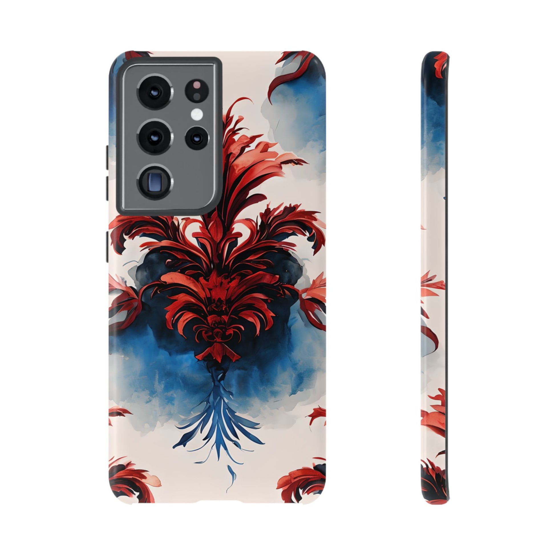 Crimson Plume - Bold Artistic Feather Samsung Galaxy S21 Ultra Tough Phone Case - Dramatic Red & Blue Design