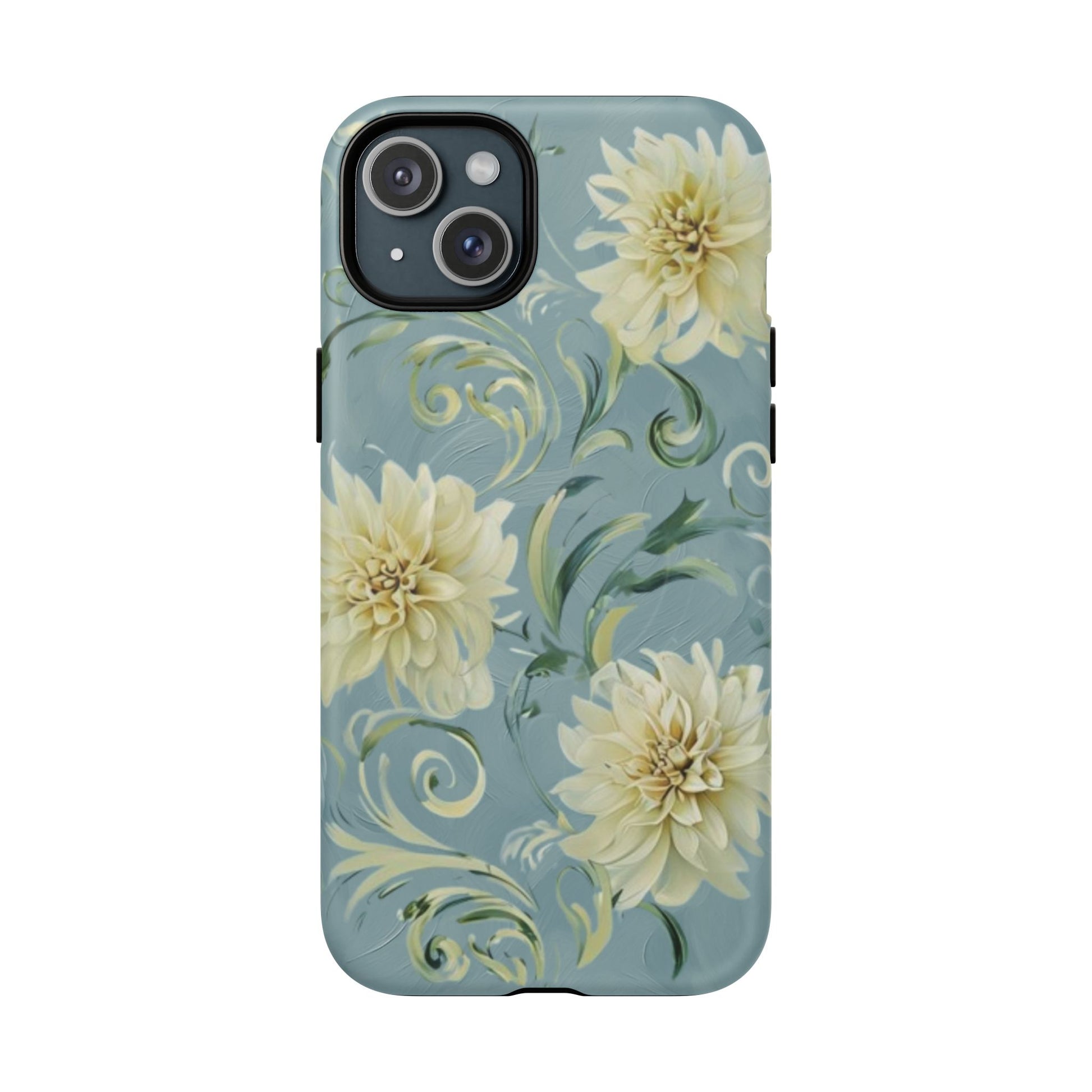 Golden Dahlia Trio - Elegant Floral iPhone 15 Plus MagSafe Phone Case - Artistic White & Blue Dahlia Design