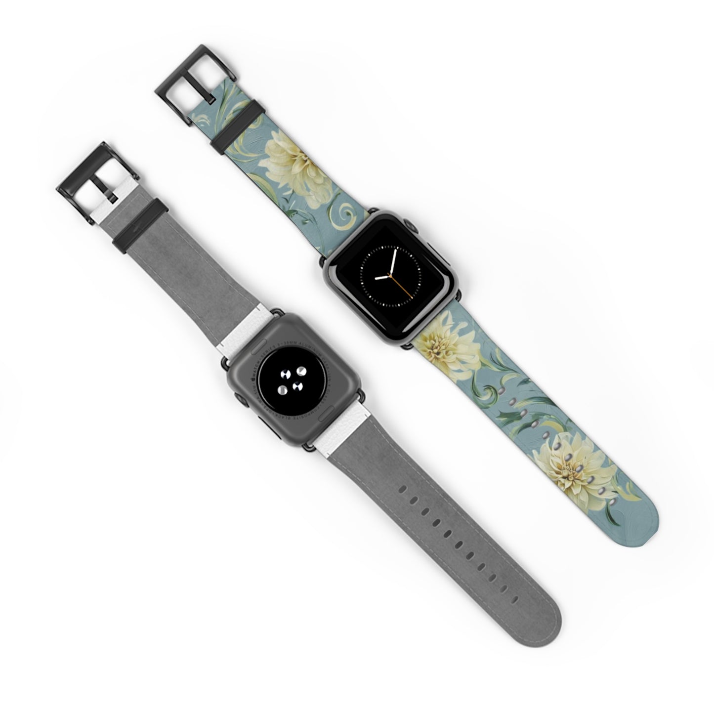 Golden Dahlia Trio Apple Watch bands shown on two watches front and back highlighting golden dahlia flower artwork