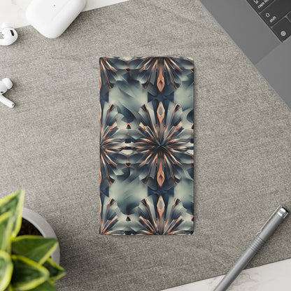 Obsidian Kaleidoscope Samsung Galaxy wallet flip phone case on a desk beside stationery featuring geometric kaleidoscope design and folio card holder