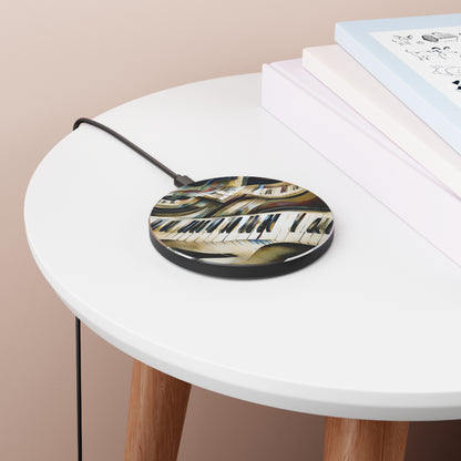 Ivory Cascade piano keyboard music art Qi wireless charger on bedside table with books