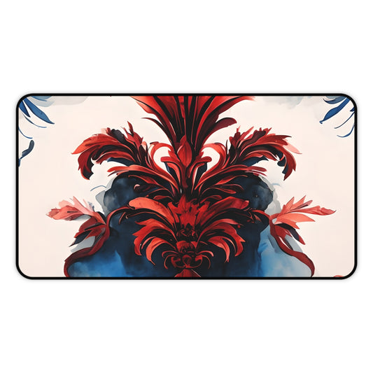 Crimson Plume desk mat featuring bold red, white and blue abstract plume design